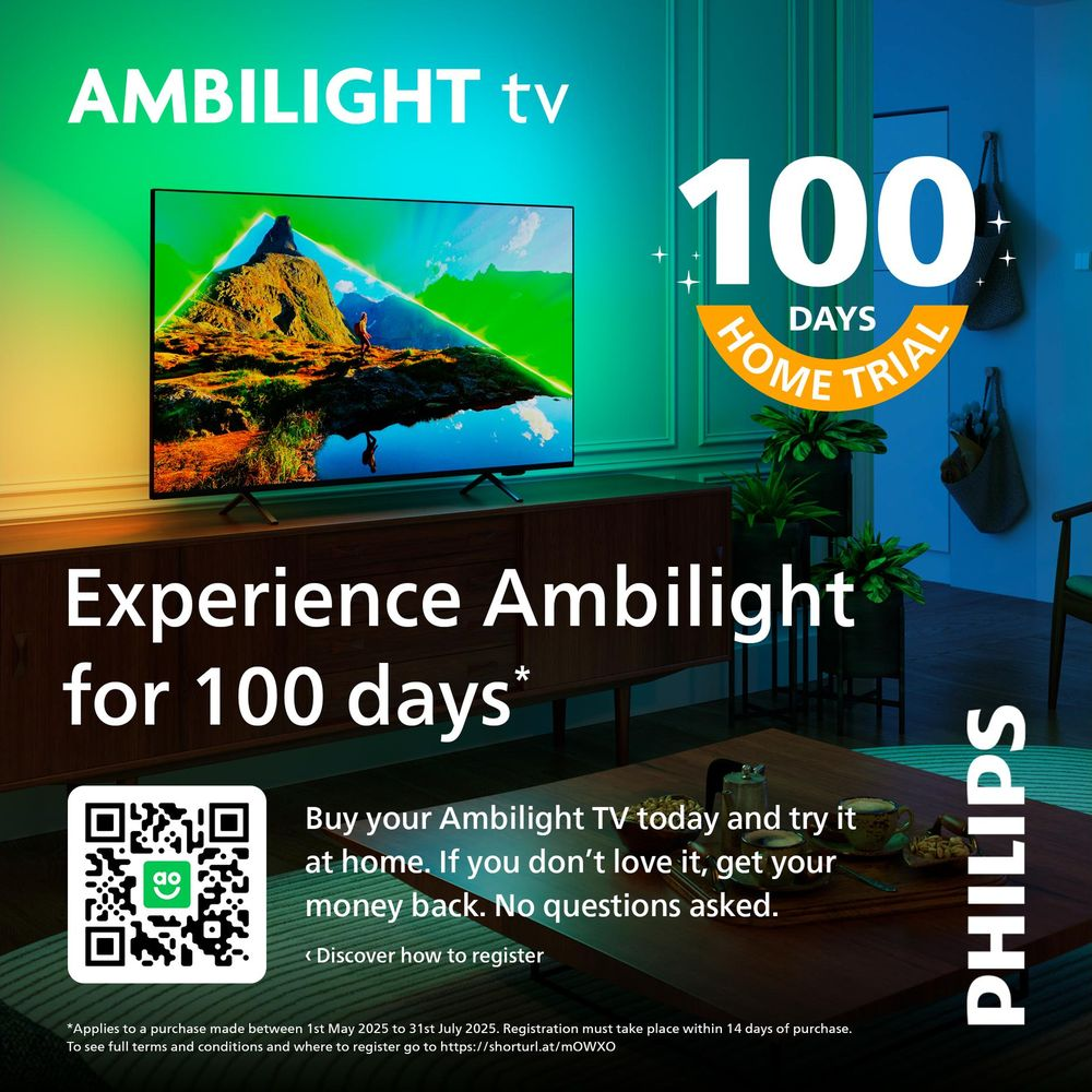 Telewizor Philips Ambilight z 100-dniową próbą. Salon z świecącym TV.