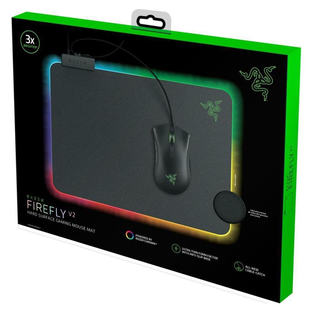 Podkładka pod mysz gamingowa Razer Firefly V2 z oświetleniem RGB i czarną myszą.