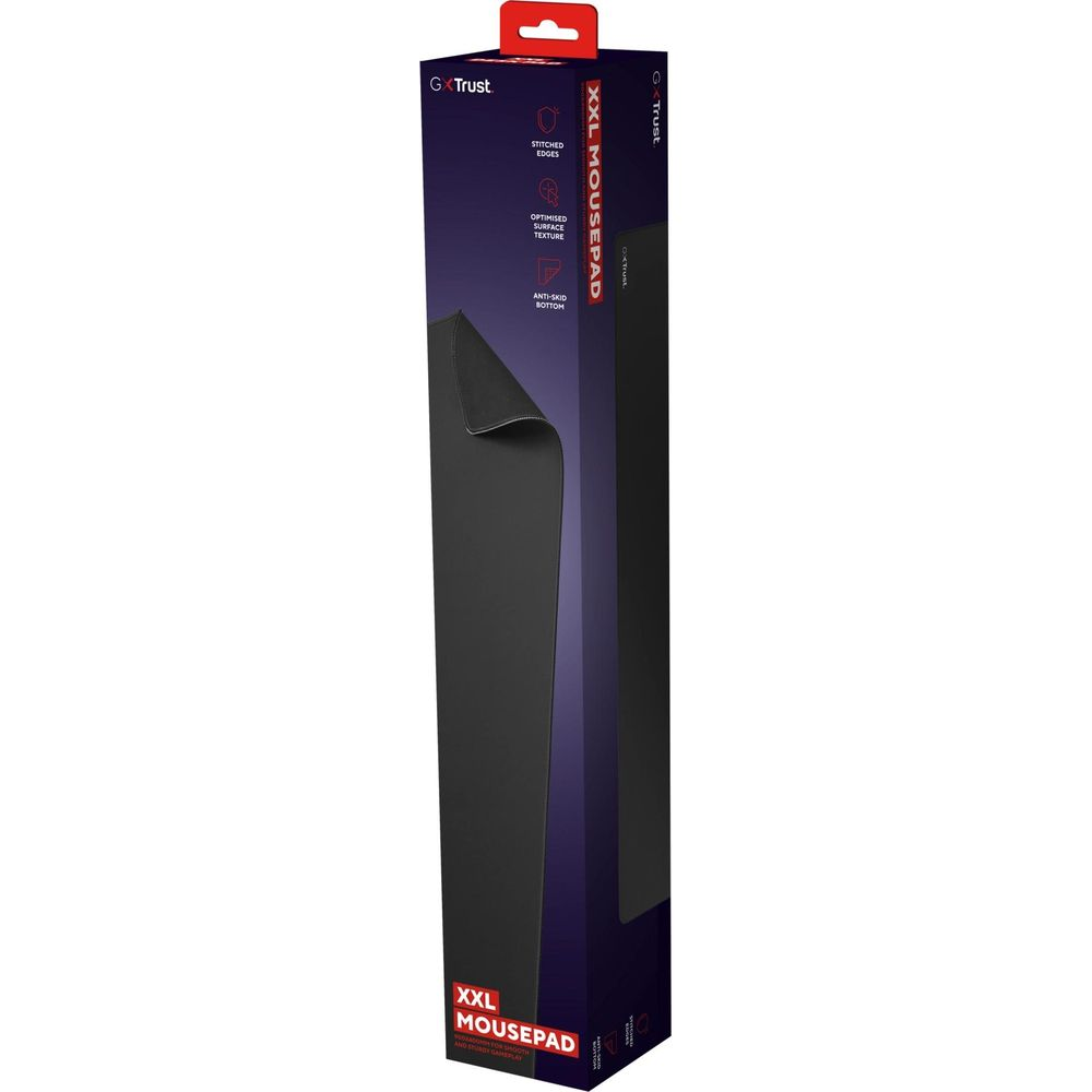 Opakowanie czarnej podkładki pod mysz XXL z czerwonymi akcentami i tekstem.