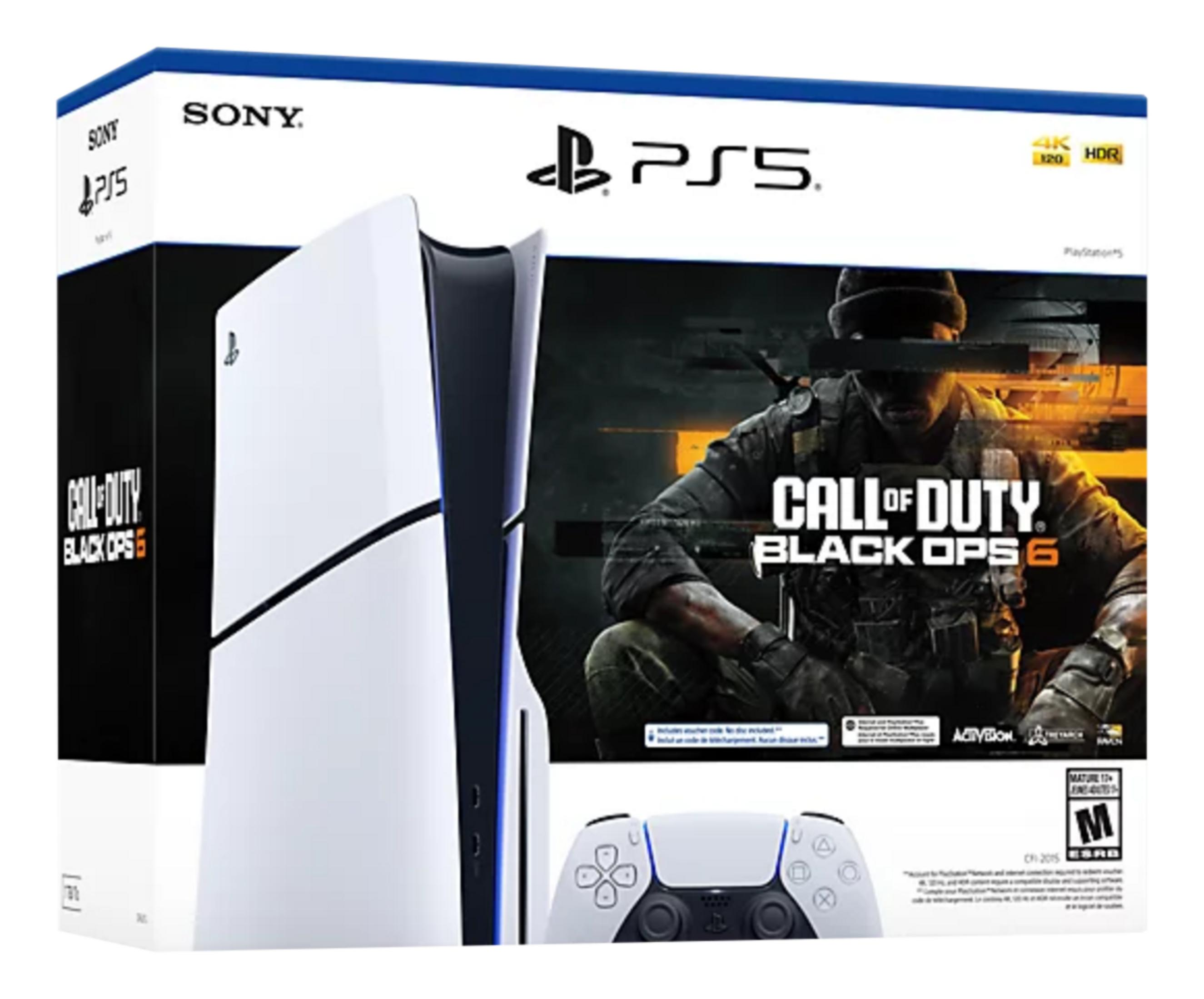 PlayStation 5 z opakowaniem Call of Duty Black Ops 6, konsolą i kontrolerem.