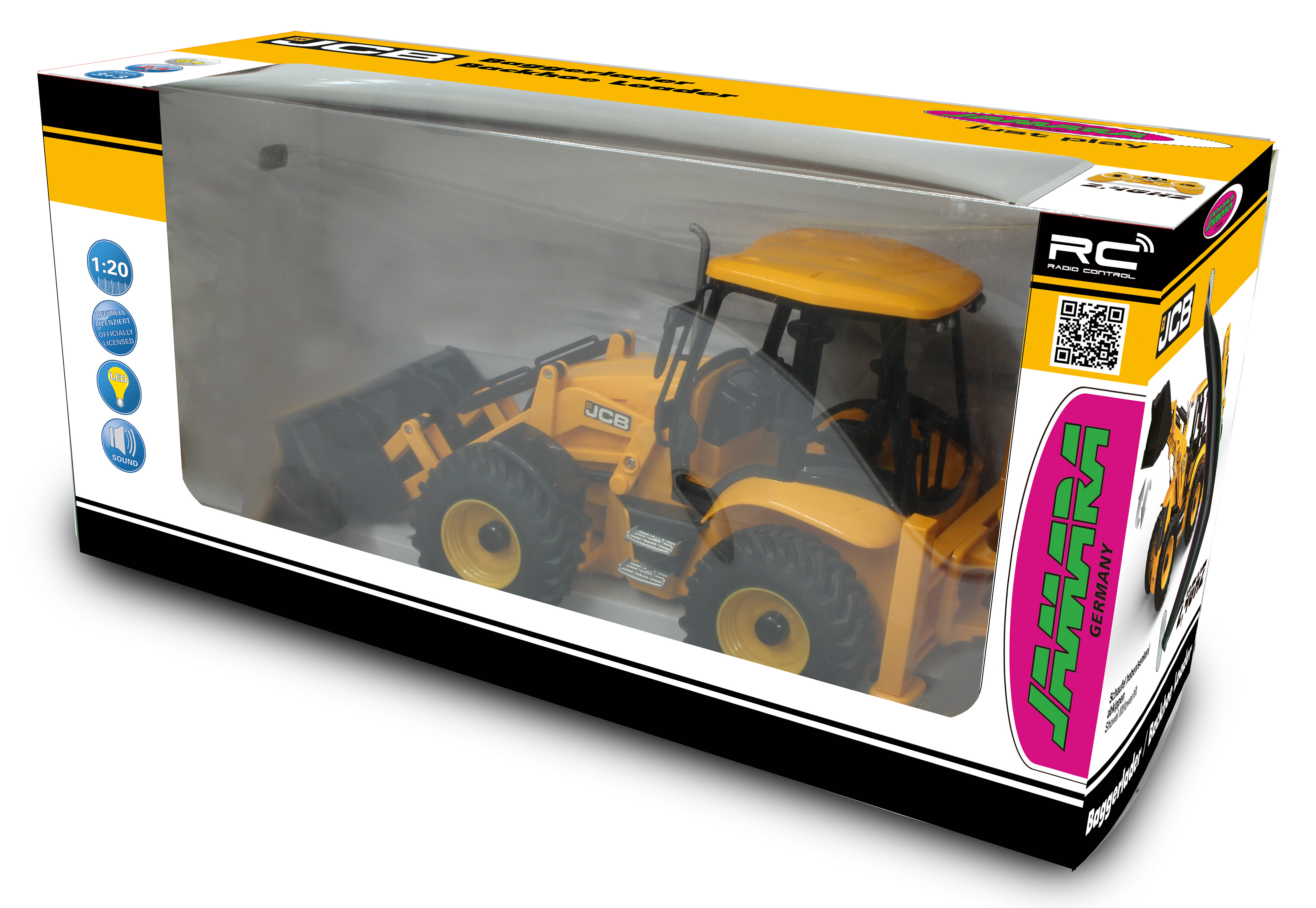 Gelber RC-Baggerlader von JCB im Fensterkarton, 1:20, mit LED und Sound.