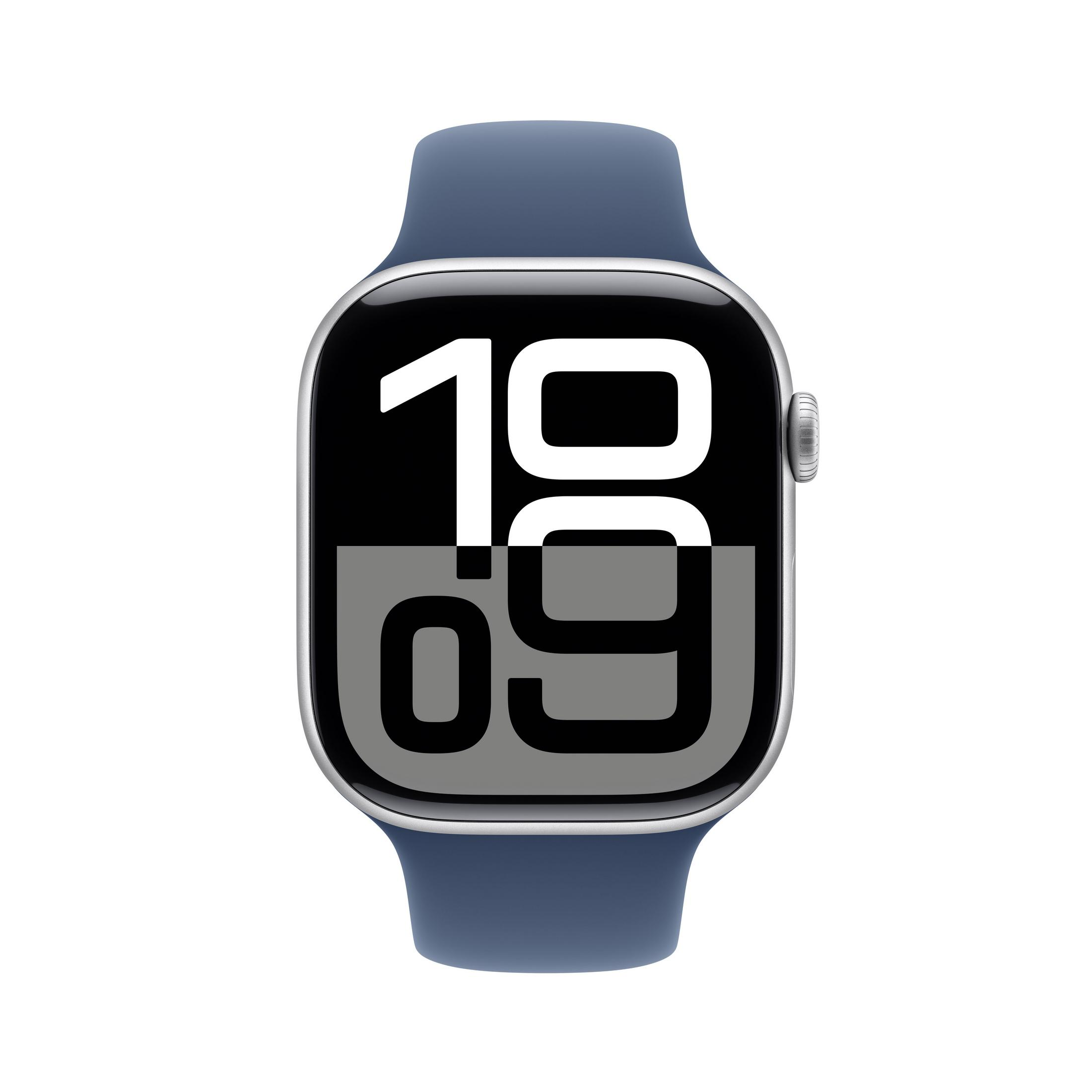Niebieski smartwatch ze srebrną kopertą i cyfrowym wyświetlaczem.
