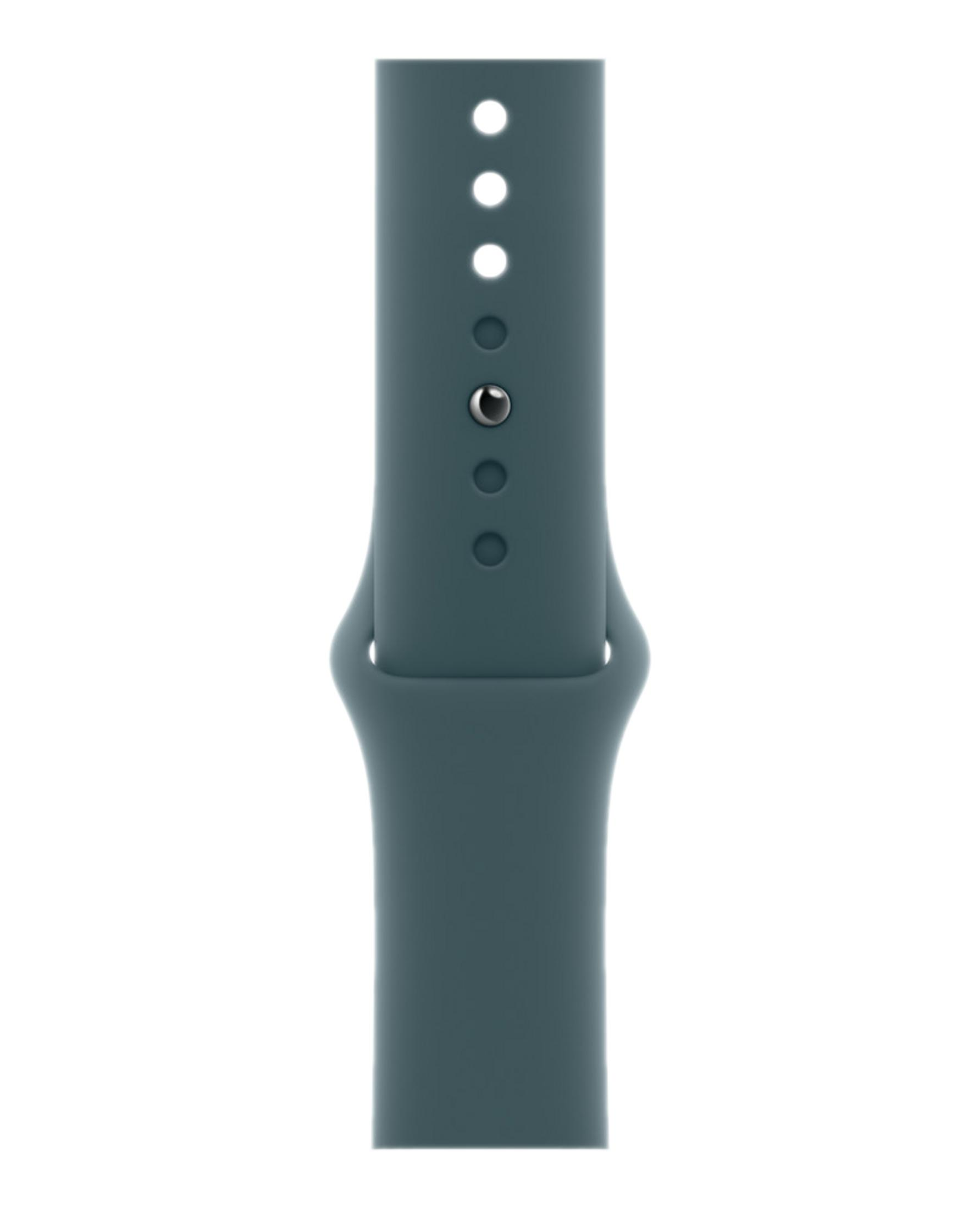Un bracelet de montre bleu-gris avec des trous et un bouton.