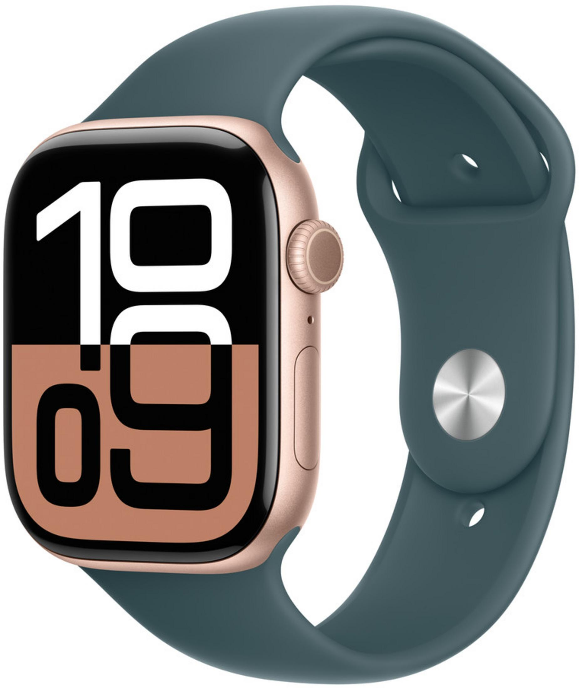 Une montre connectée dorée avec bracelet bleu affiche 10:09.