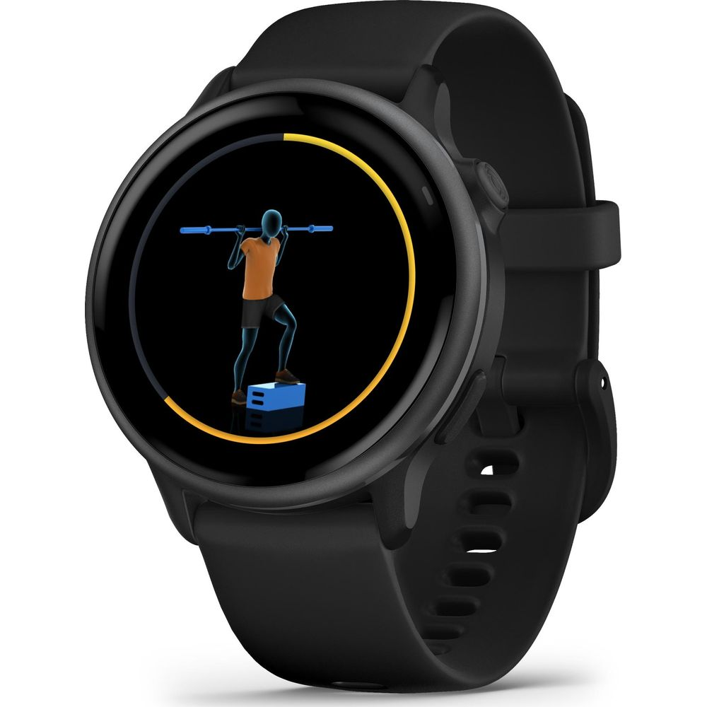 Czarny smartwatch wyświetla mężczyznę 3D podnoszącego sztangę na niebieskim pudełku.