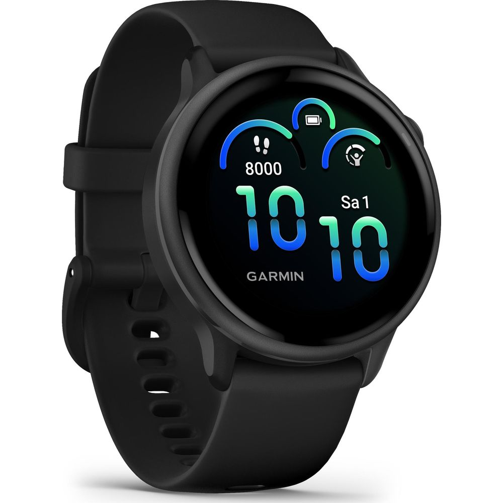 Czarny smartwatch Garmin z okrągłym wyświetlaczem, pokazujący 8000 kroków i 10:10.