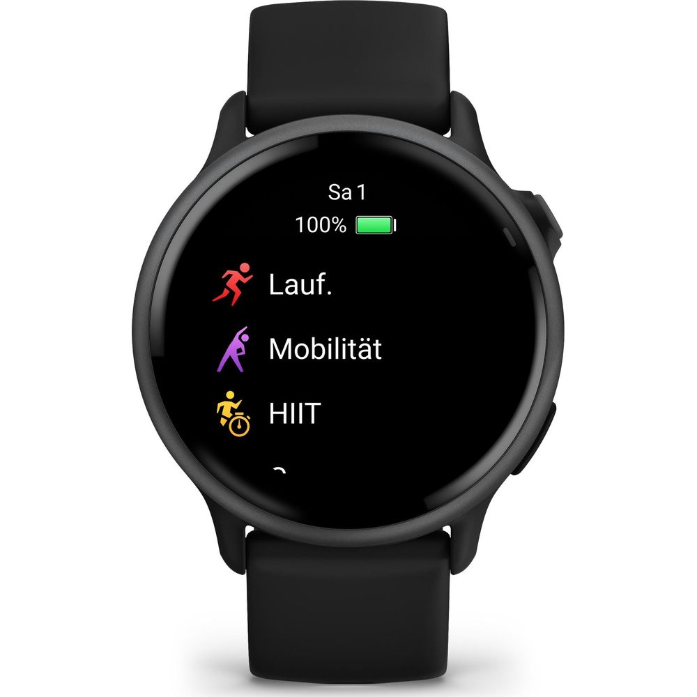 Czarny smartwatch wyświetla menu z Lauf, Mobilität i HIIT.