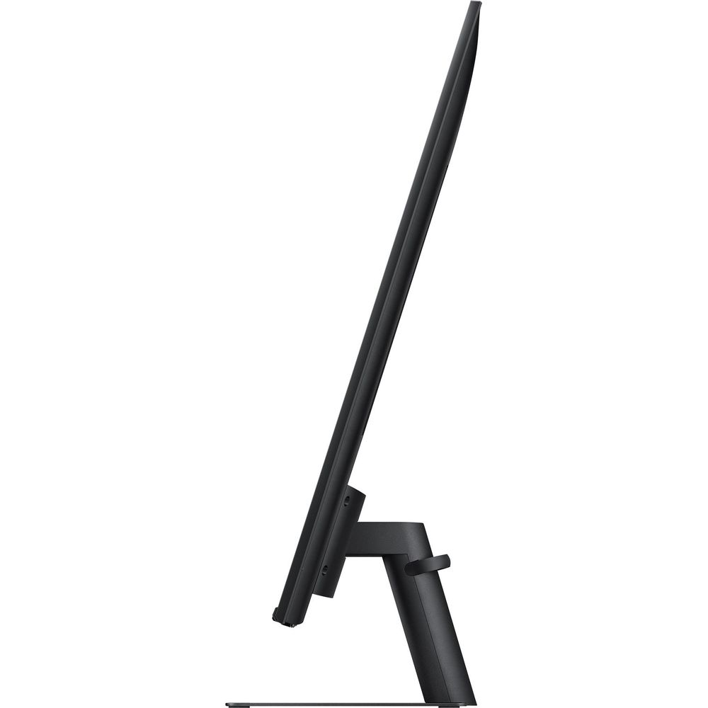 Un monitor nero ed elegante con un supporto stretto su sfondo bianco.