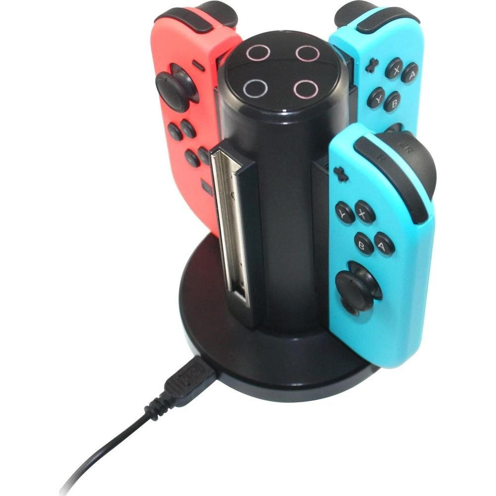 Ladestation für Nintendo Switch Controller mit roten und blauen Joysticks.