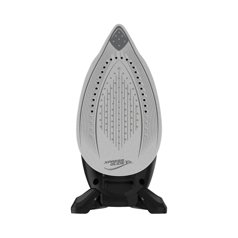 Srebrna stopka żelazka z wieloma otworami parowymi i czarną podstawą.