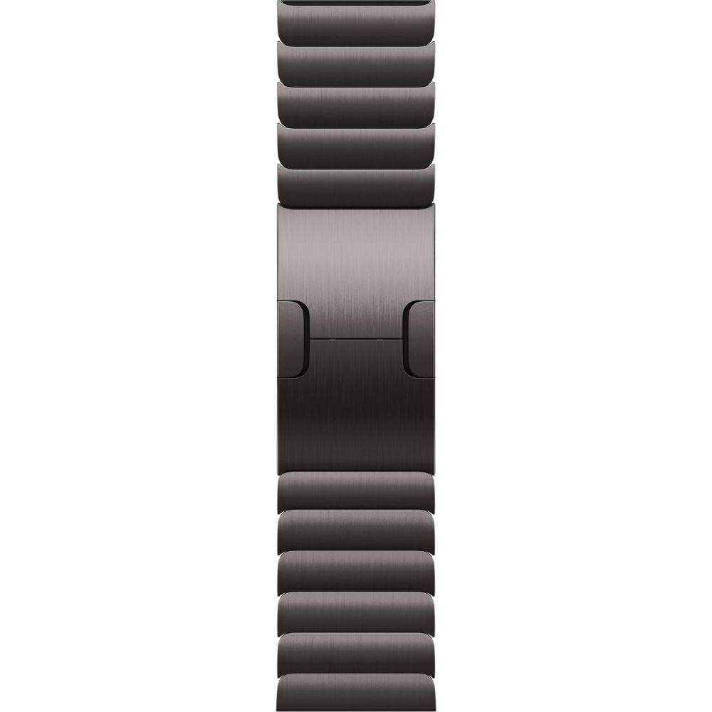 A dark metal watch band with links and a clasp, shown vertically.
