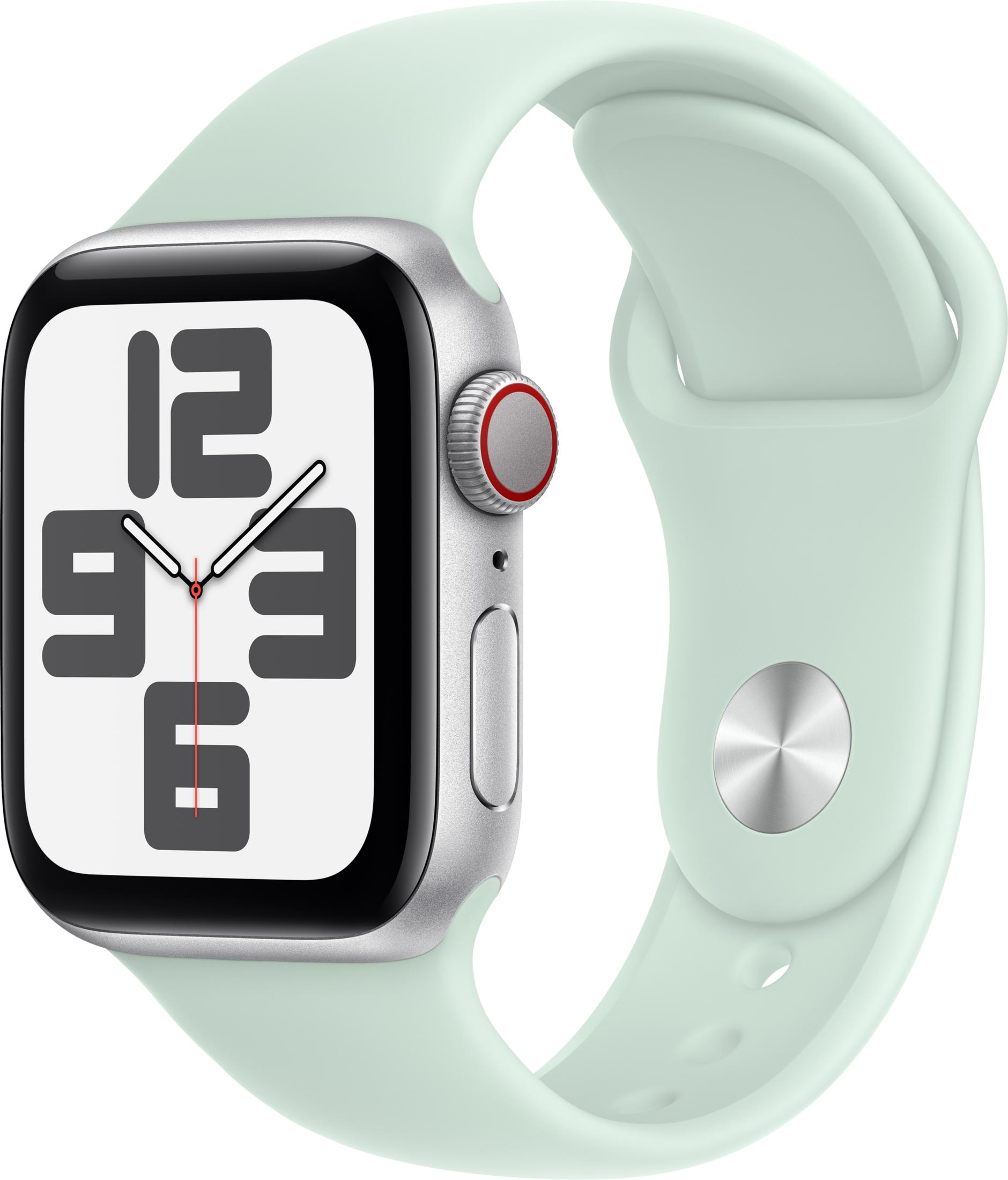 Srebrny smartwatch z miętowo-zielonym paskiem i tarczą.