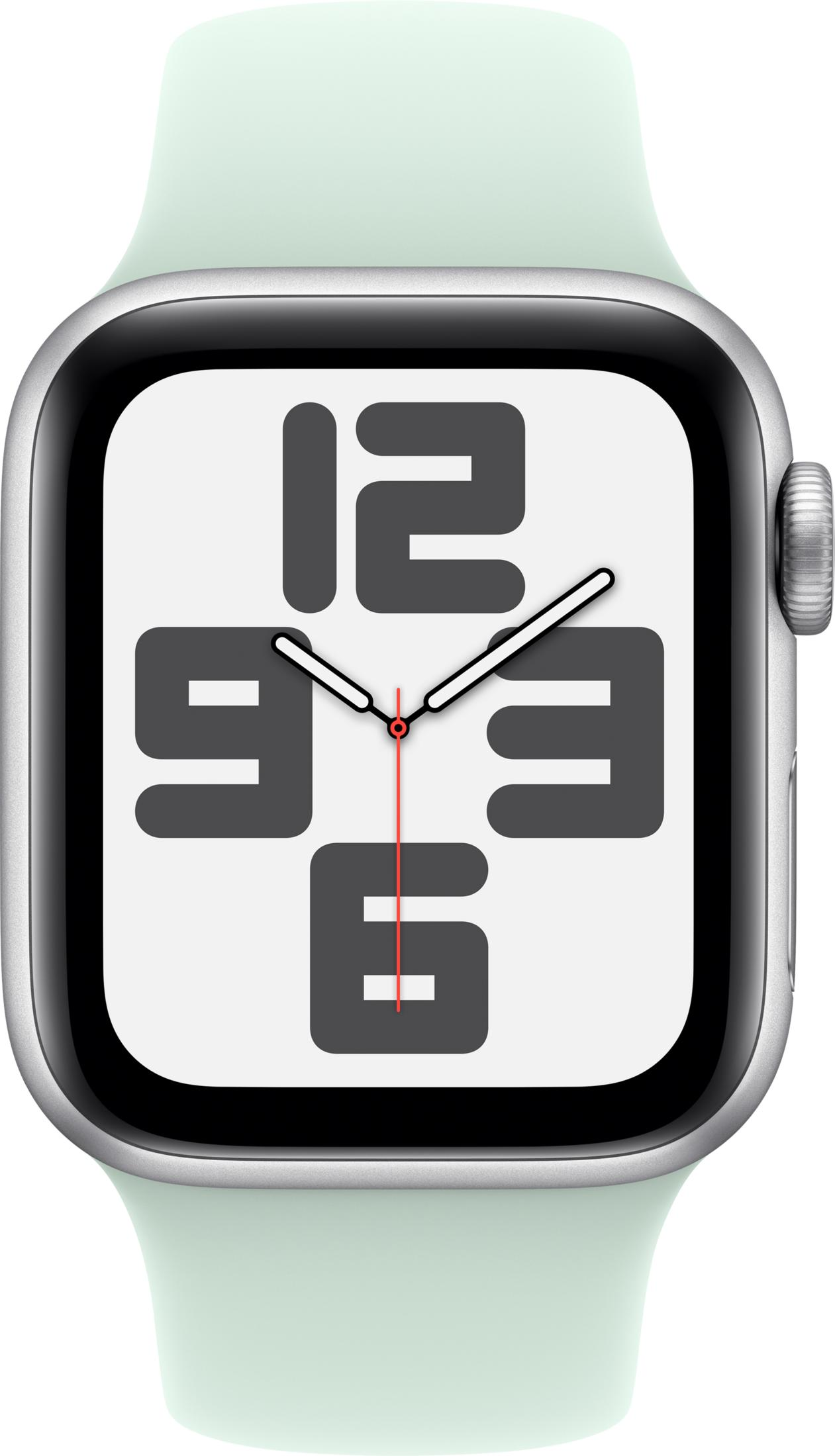 Srebrny smartwatch z jasnomiętowym paskiem wyświetla białą tarczę zegarka.