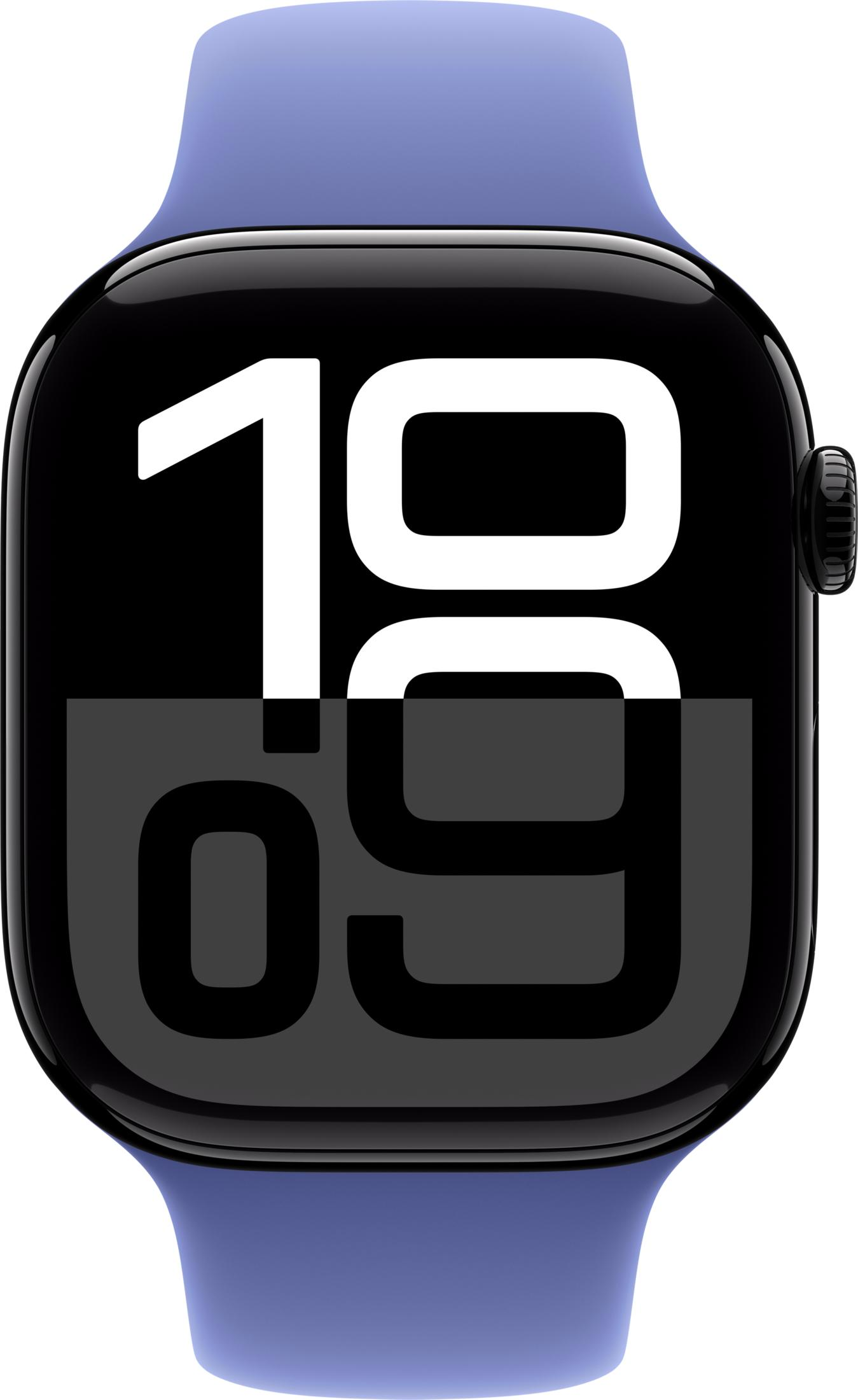 Niebieski smartwatch z czarnym ekranem pokazującym godzinę.