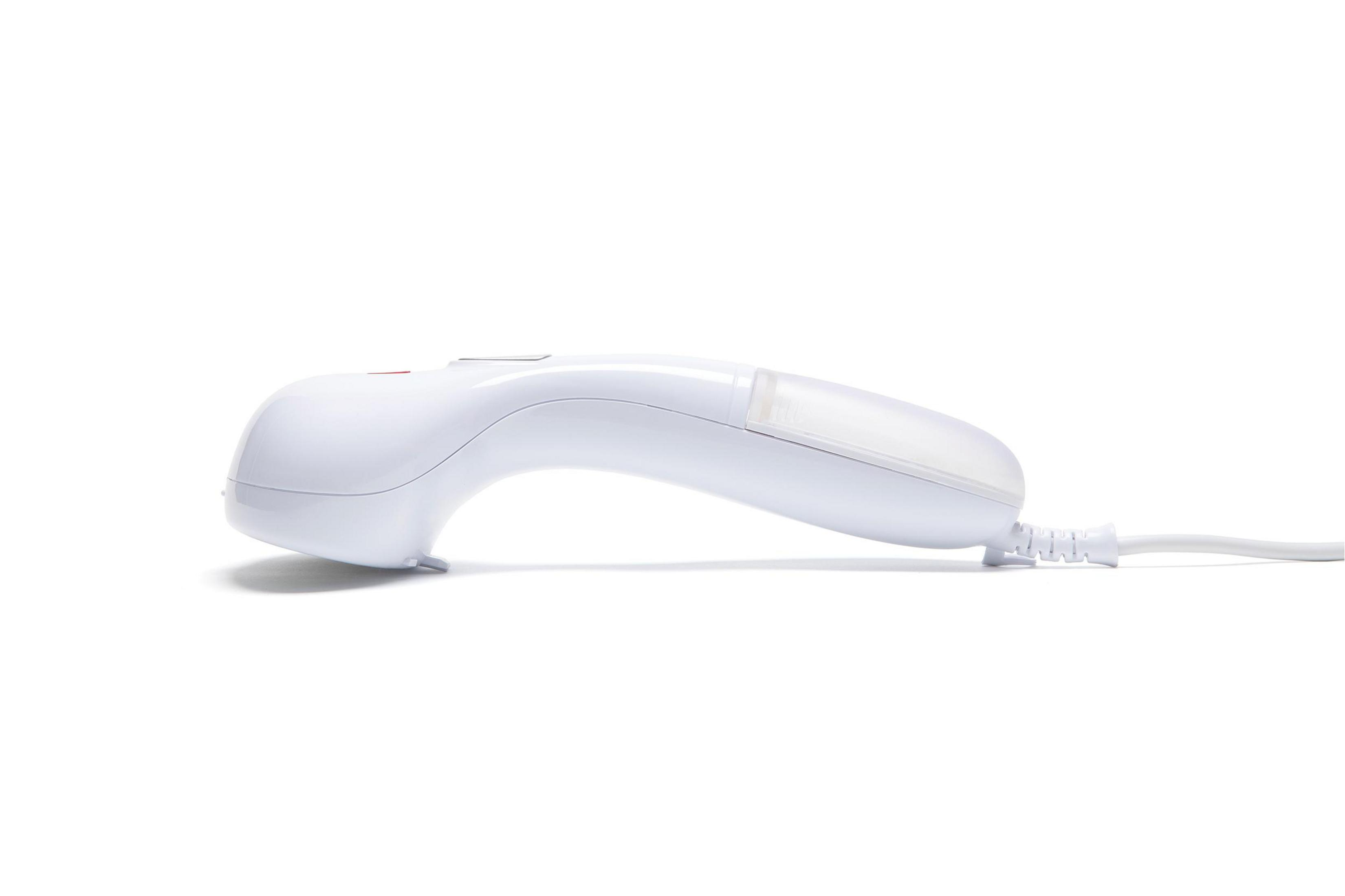 Ein weißer Handdampfer mit transparentem Wassertank und Kabel.