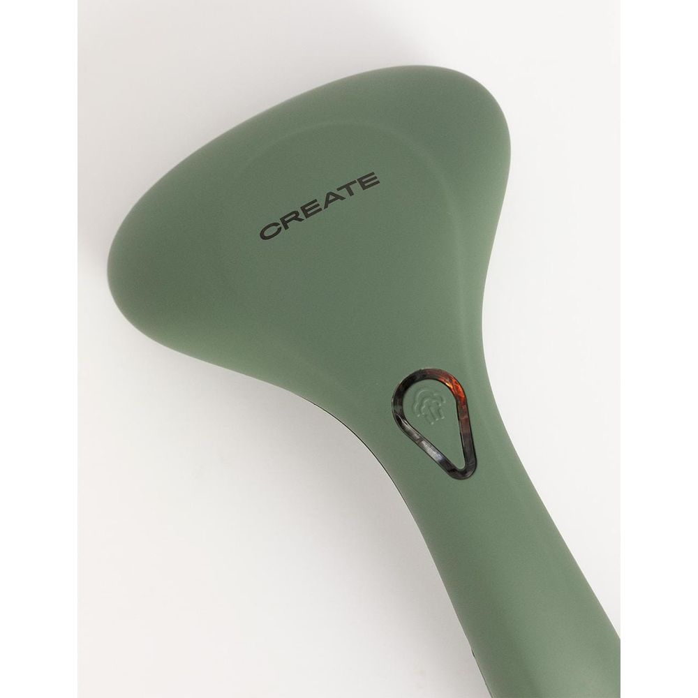 Un vaporizador de mano verde con la palabra CREATE y un símbolo.