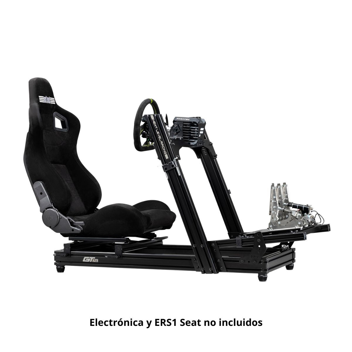 Un asiento negro para simulador de carreras con volante y pedales en marco negro.
