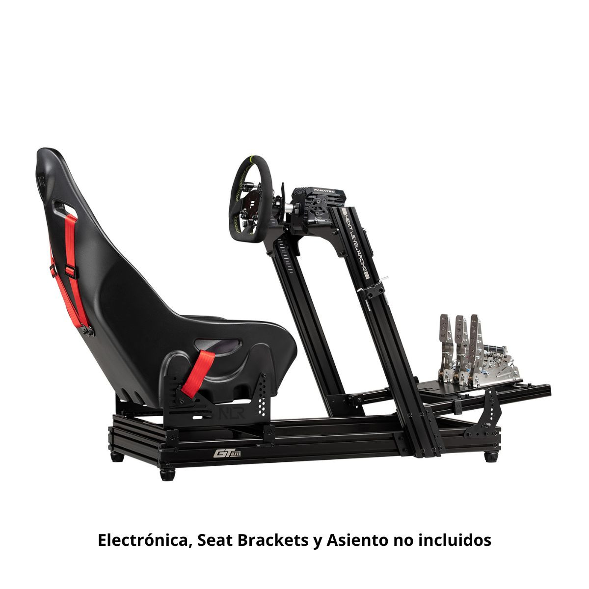 Un simulador de carreras negro con volante, pedales y soporte de asiento.