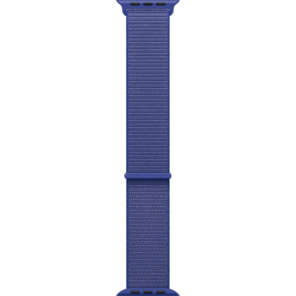 Niebieska, materiałowa opaska do zegarka ze srebrnymi złączami.