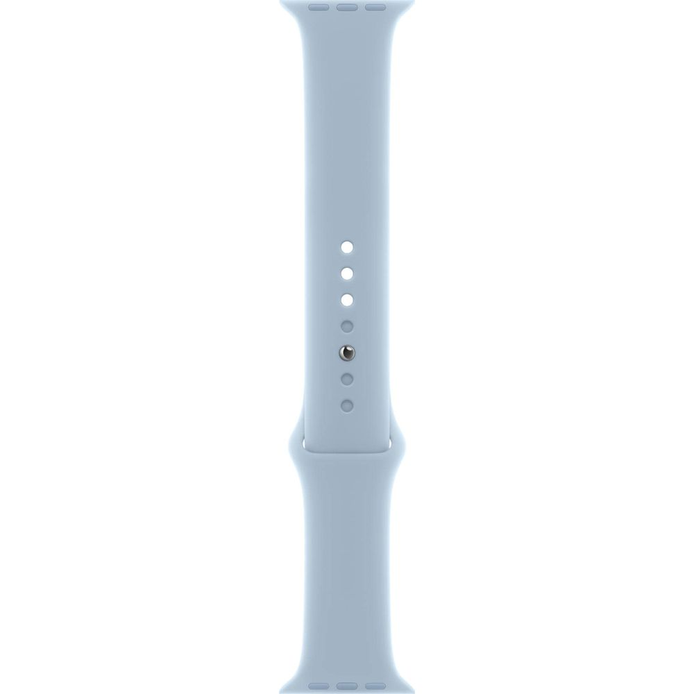 Ein hellblaues Uhrenarmband aus Silikon mit Knopflöchern.