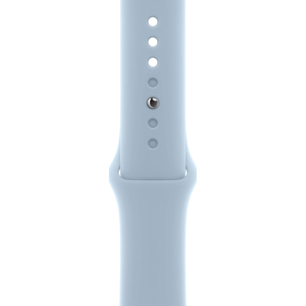 Ein hellblaues Uhrenarmband mit vier Löchern und einem silbernen Knopf.