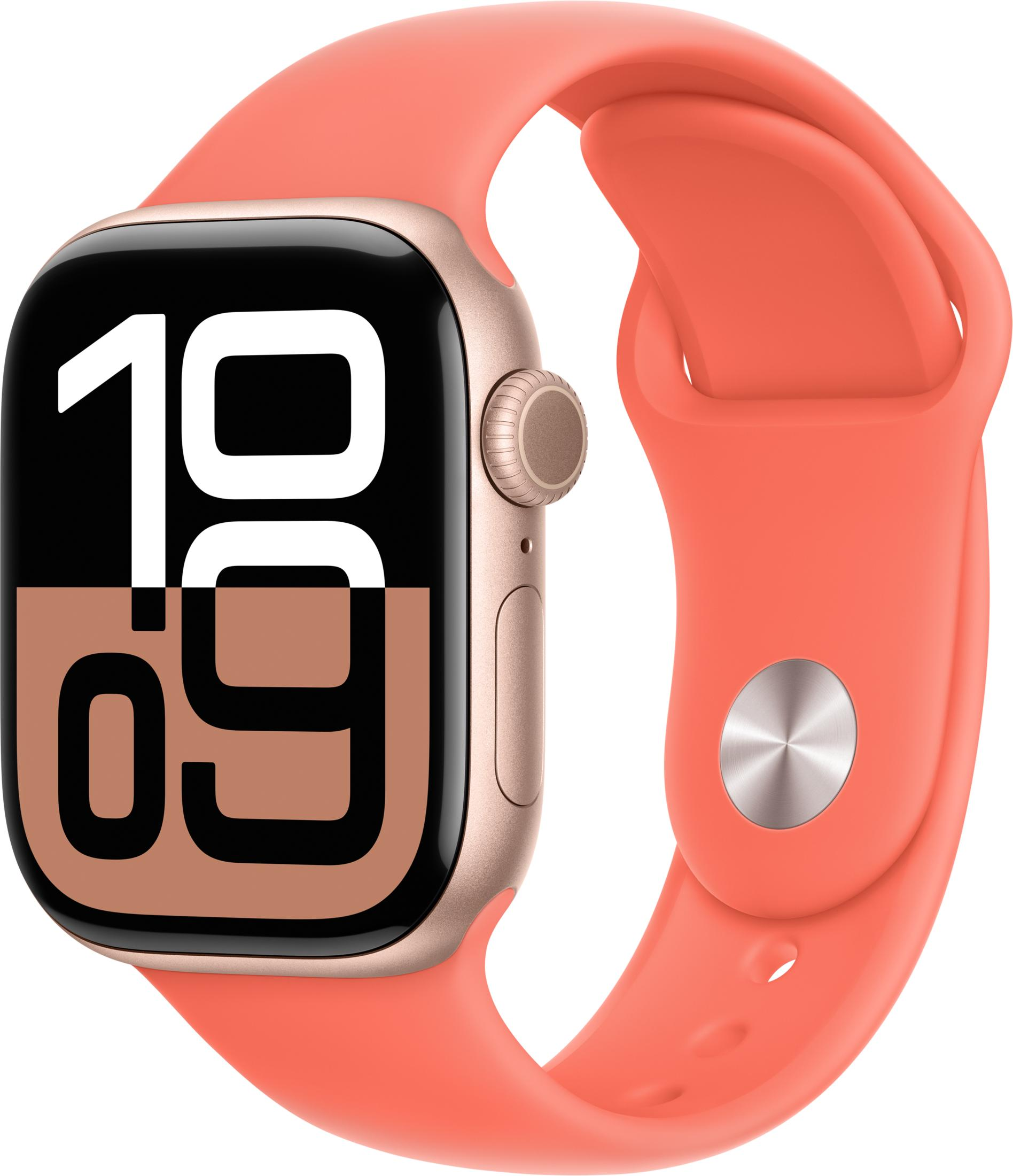 Złoty smartwatch z koralowym paskiem. Godzina 10:09.