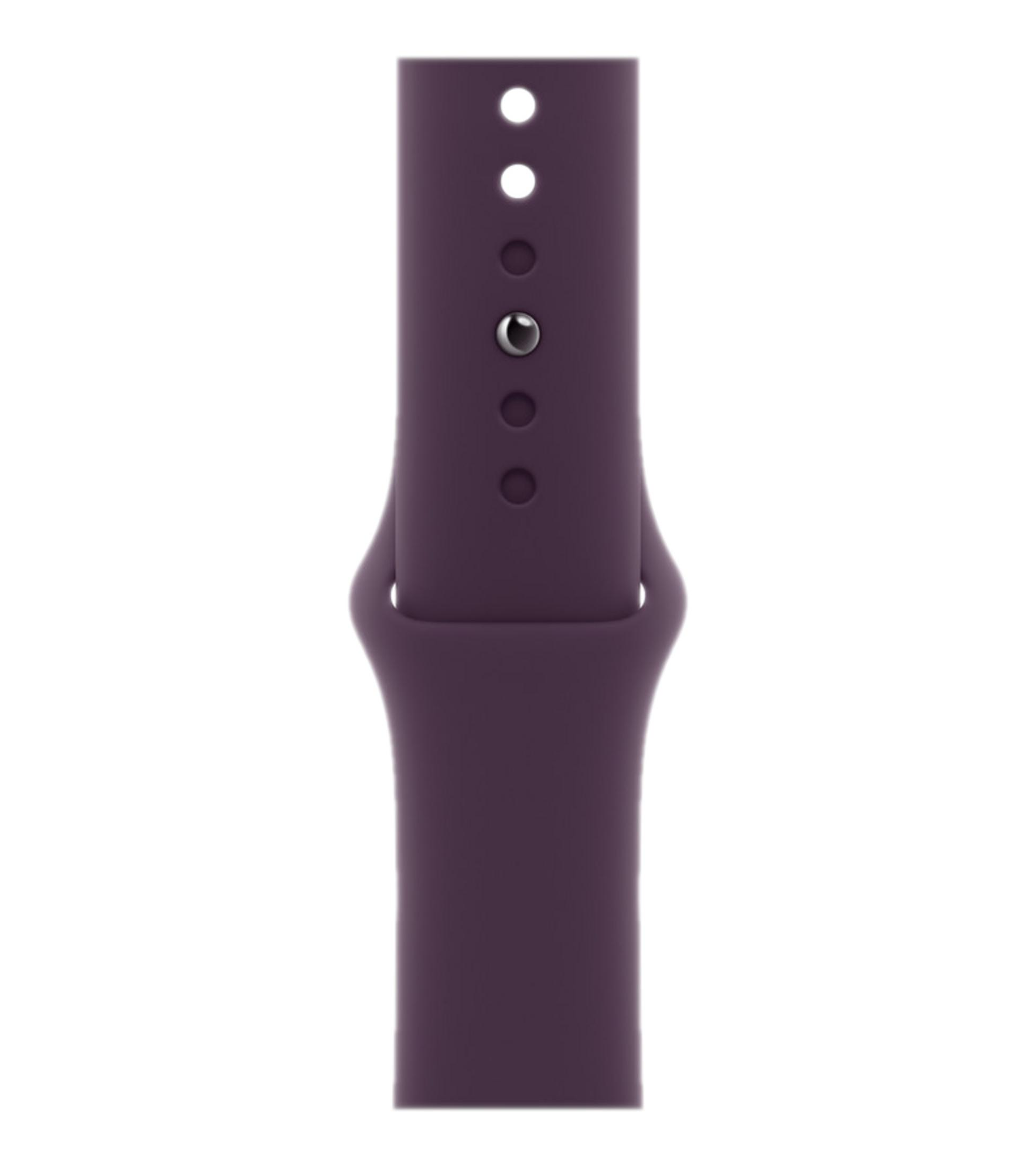 Un cinturino viola per orologio con quattro fori e un bottone.
