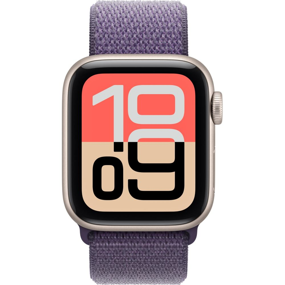 Orologio smart dorato con cinturino in tessuto viola e display 10:09.