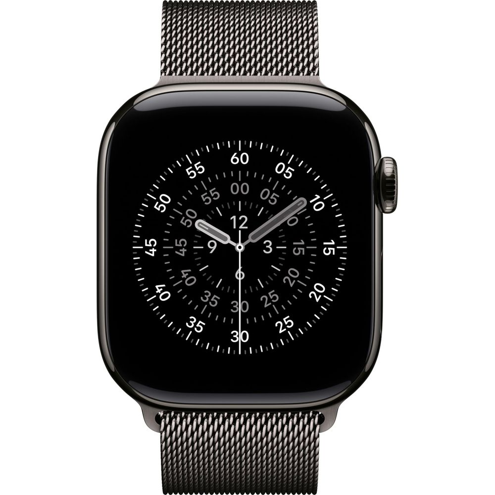 Uno smartwatch nero con cinturino milanese e quadrante.