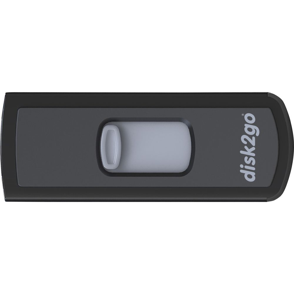 Une clé USB gris foncé avec un mécanisme coulissant et le logo disk2go.