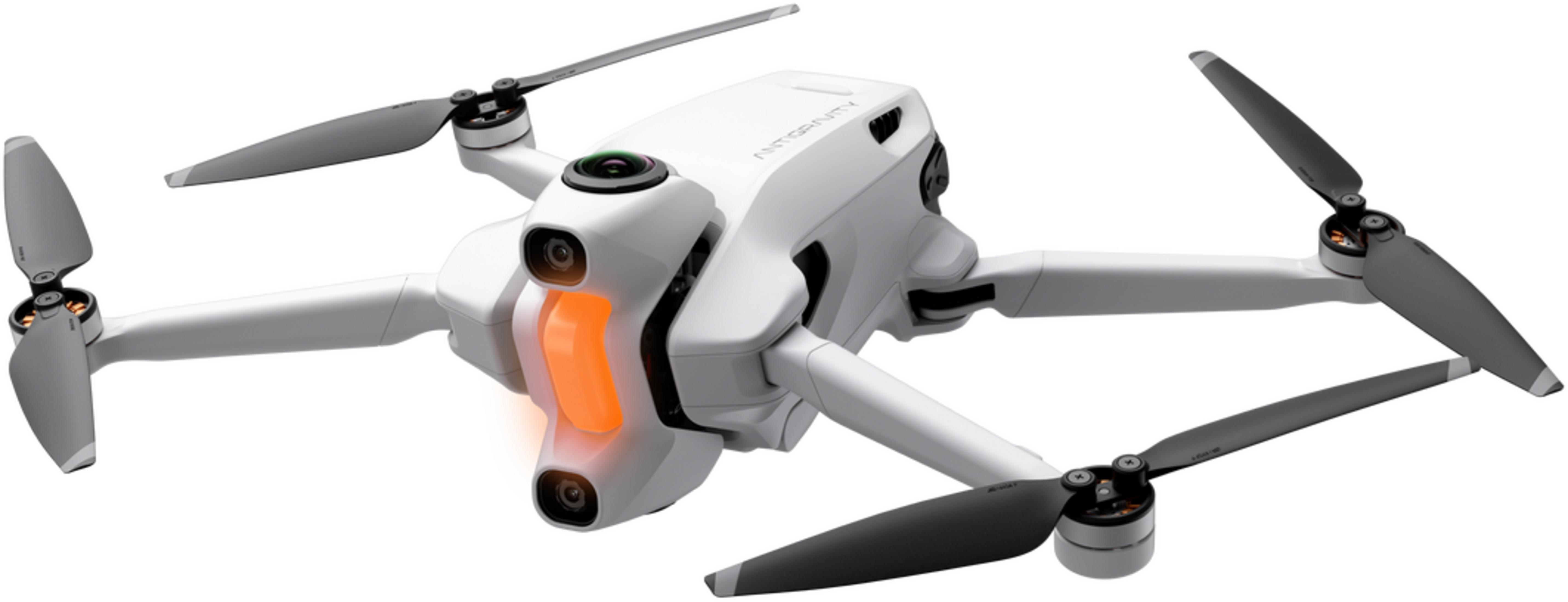 Biały dron z szarymi śmigłami i pomarańczowym oświetleniem.