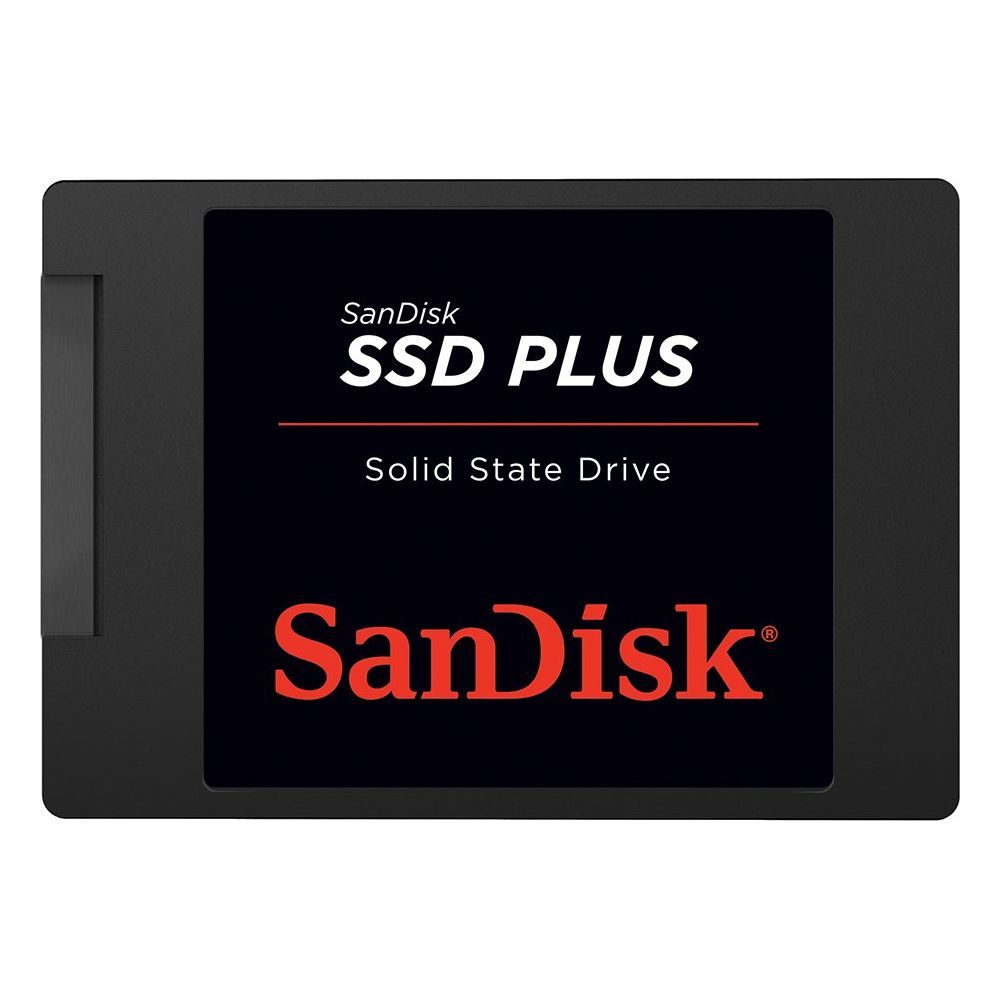 Ein schwarzes SanDisk SSD PLUS Solid State Drive mit rotem Logo.