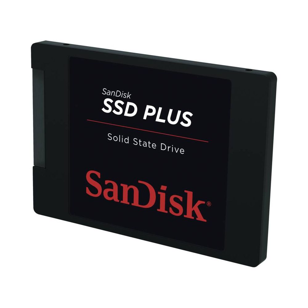 Un Solid State Drive SanDisk SSD PLUS nero su sfondo bianco.