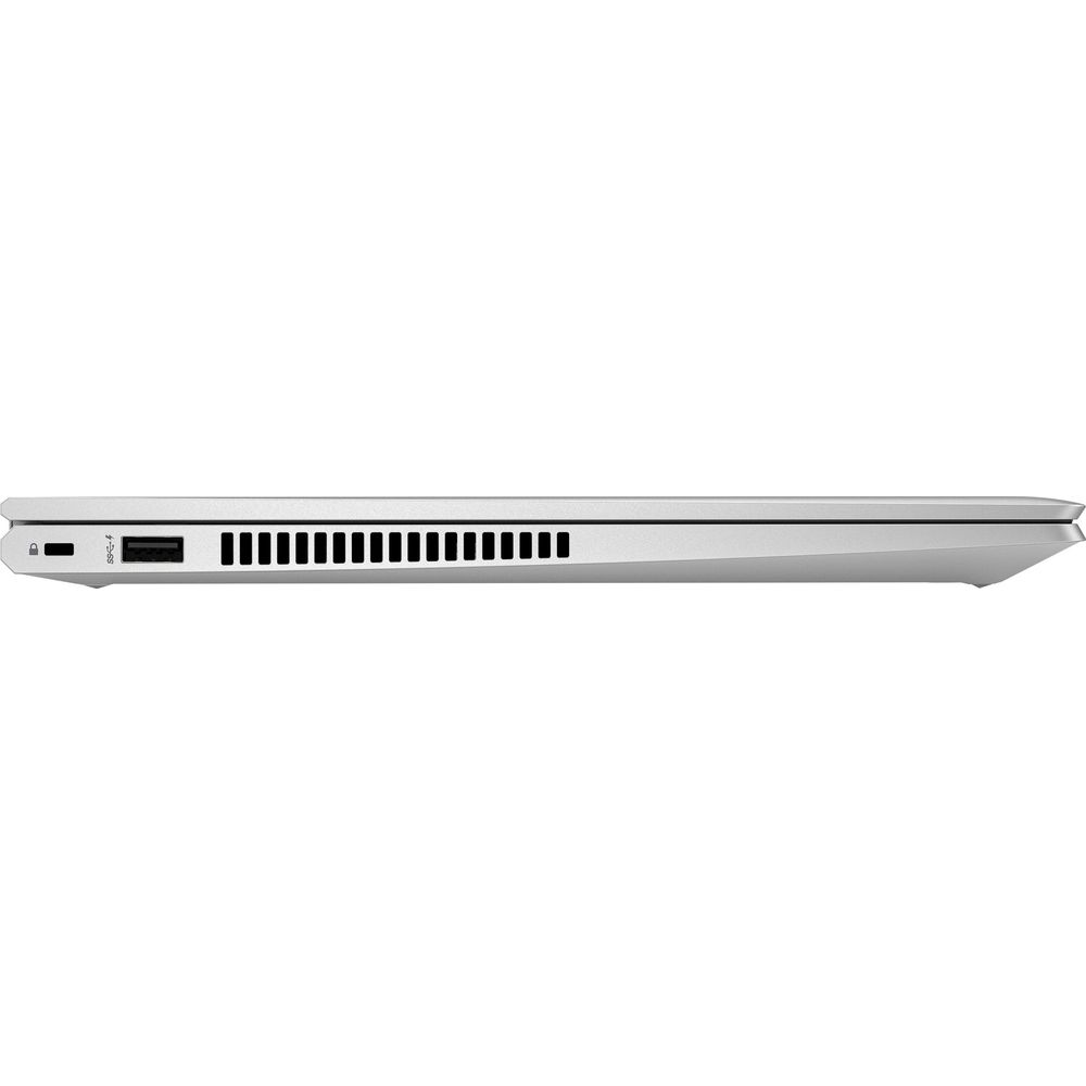 Vista laterale di un laptop argento con porte e prese d'aria.