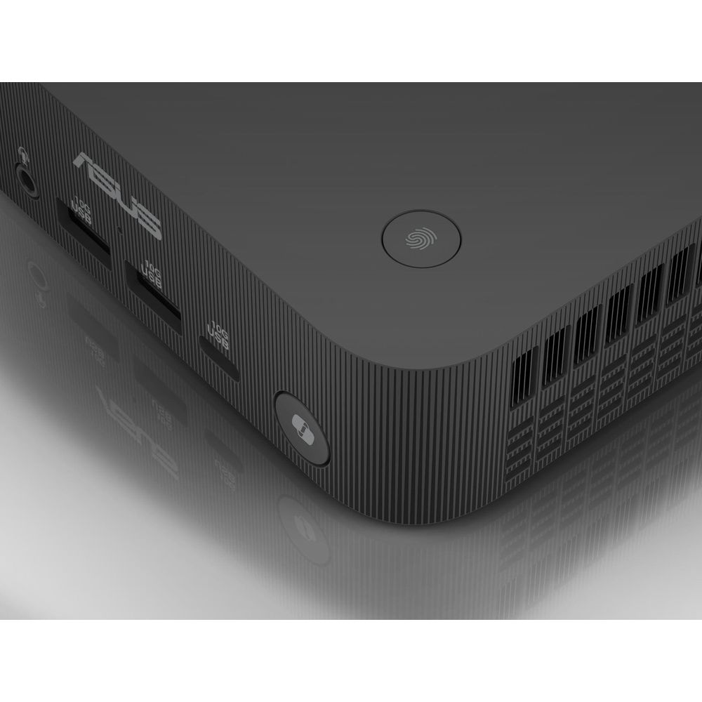 Czarny mini PC z portami USB, otworami wentylacyjnymi i czytnikiem linii papilarnych.