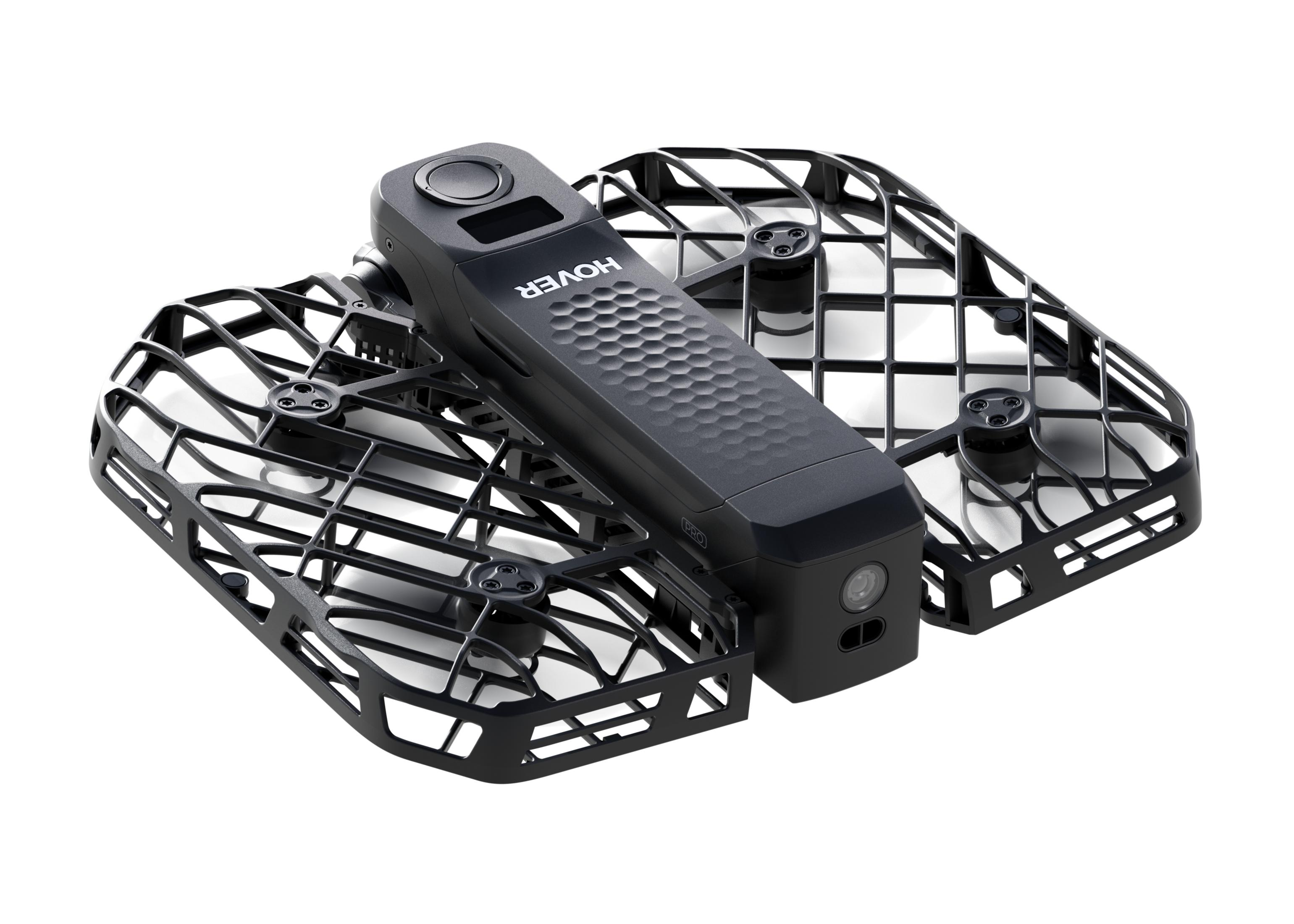 Czarny model mini drona z osłonami śmigieł i kamerą.