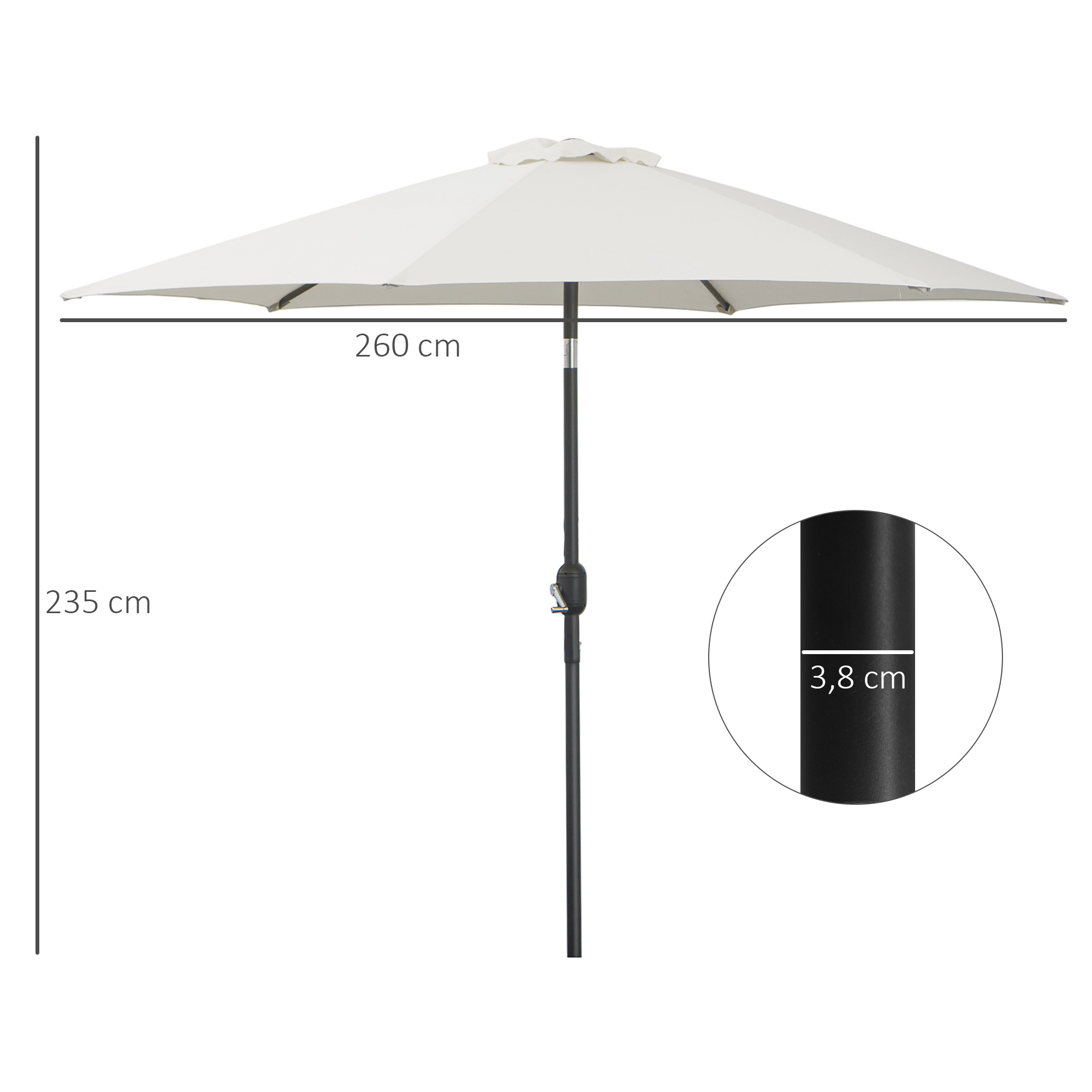 Un parasol blanco con soporte negro, 260 cm de ancho y 235 cm de alto.