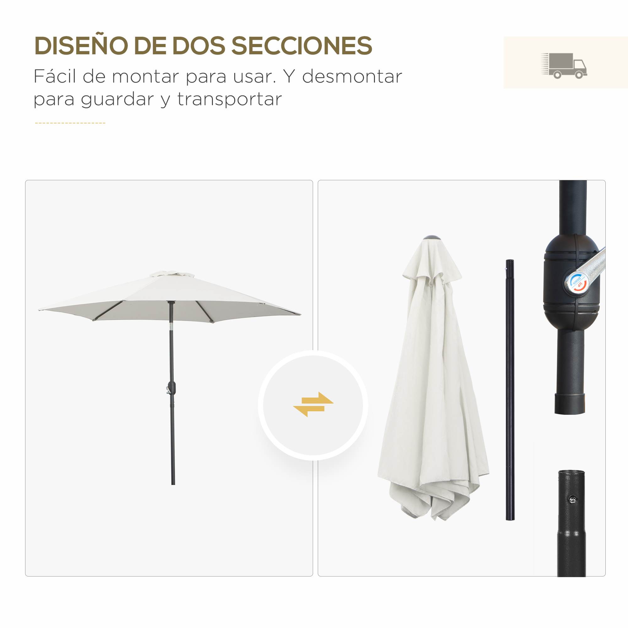 Un parasol blanco abierto y postes negros desmontados.