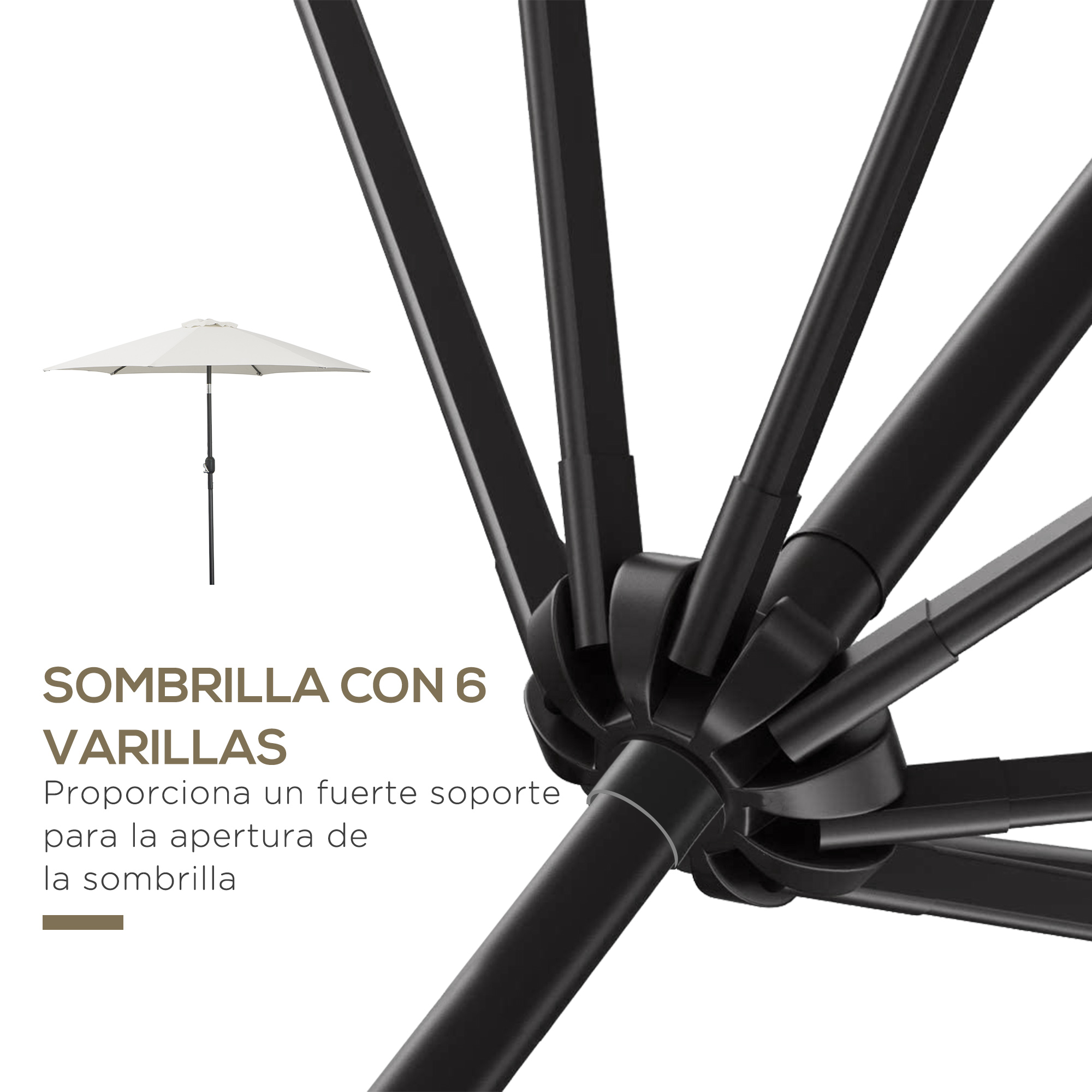 Un parasol blanco con marco negro y texto.