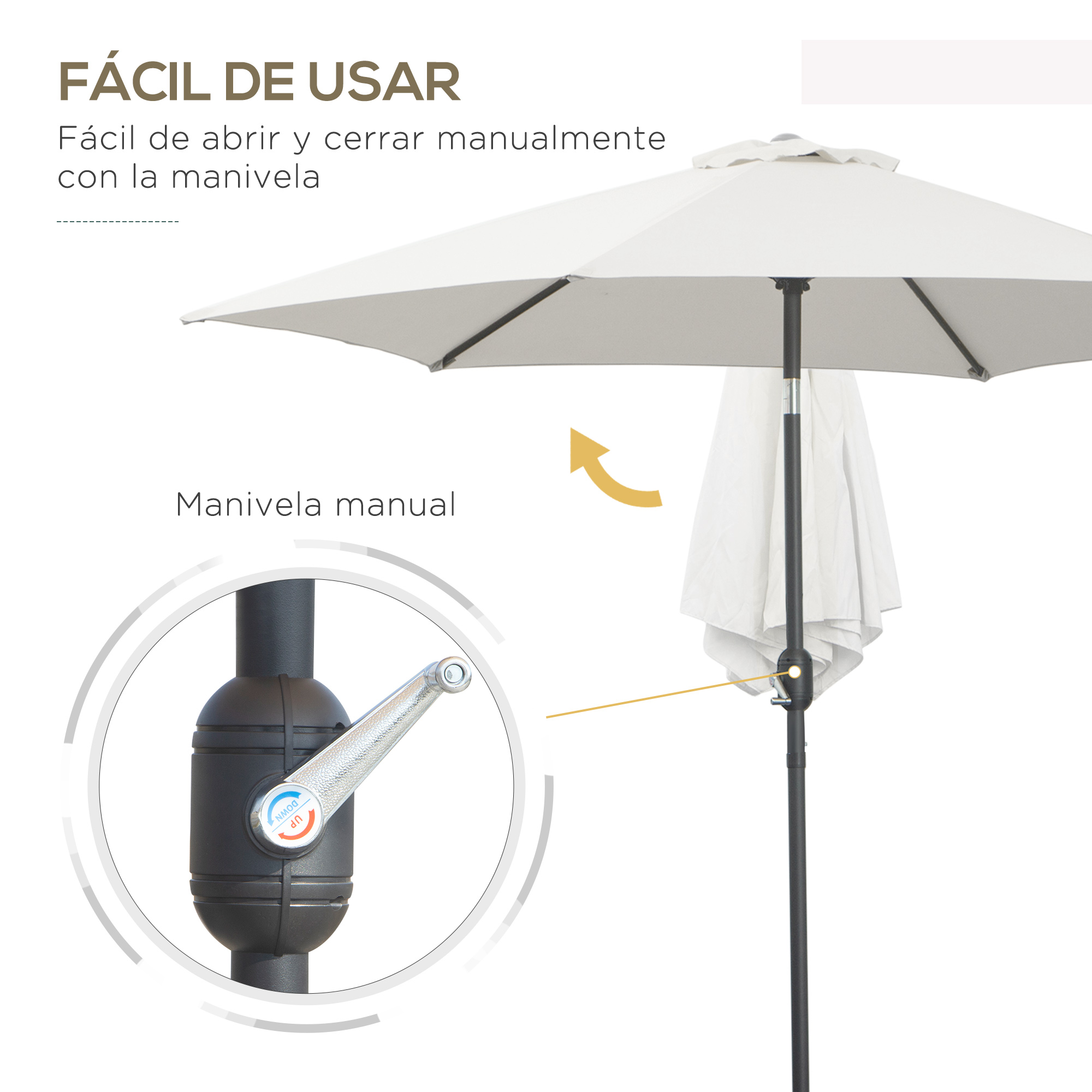 Un sombrilla de patio blanca con poste negro y manivela manual. El mecanismo es visible.
