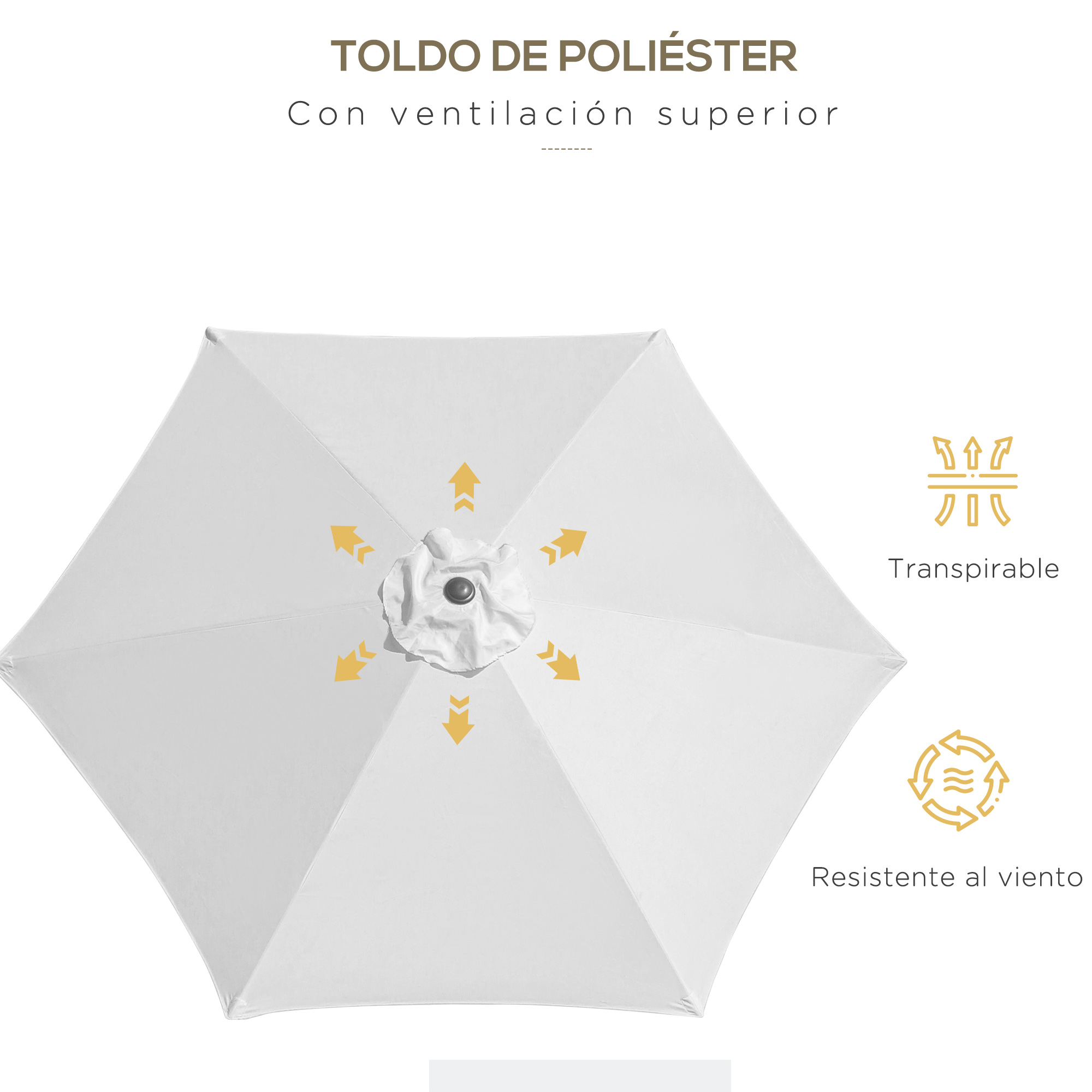 Toldo blanco de poliéster con flechas de ventilación superior e iconos.