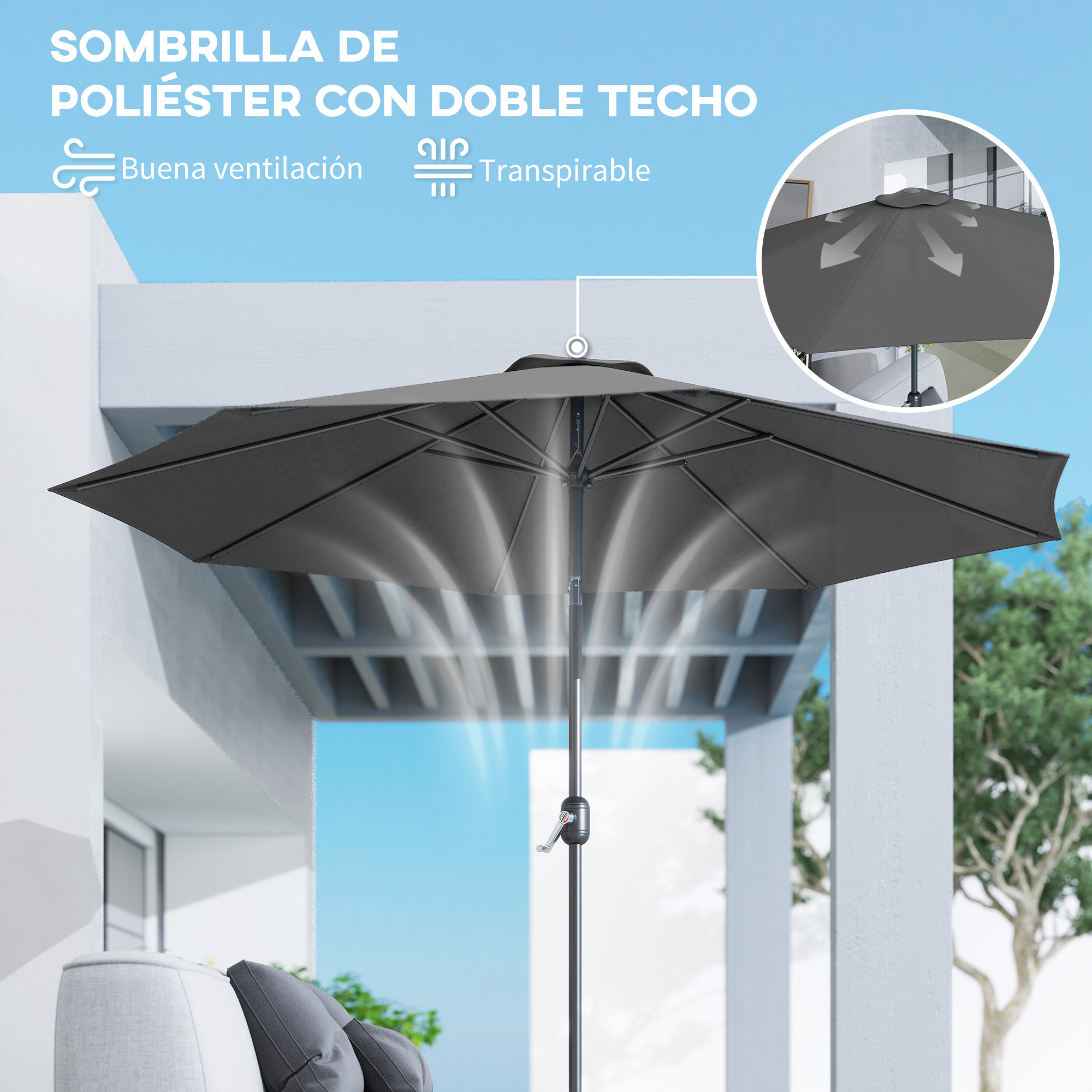Sombrilla gris oscuro con doble ventilación, en una terraza con muebles.