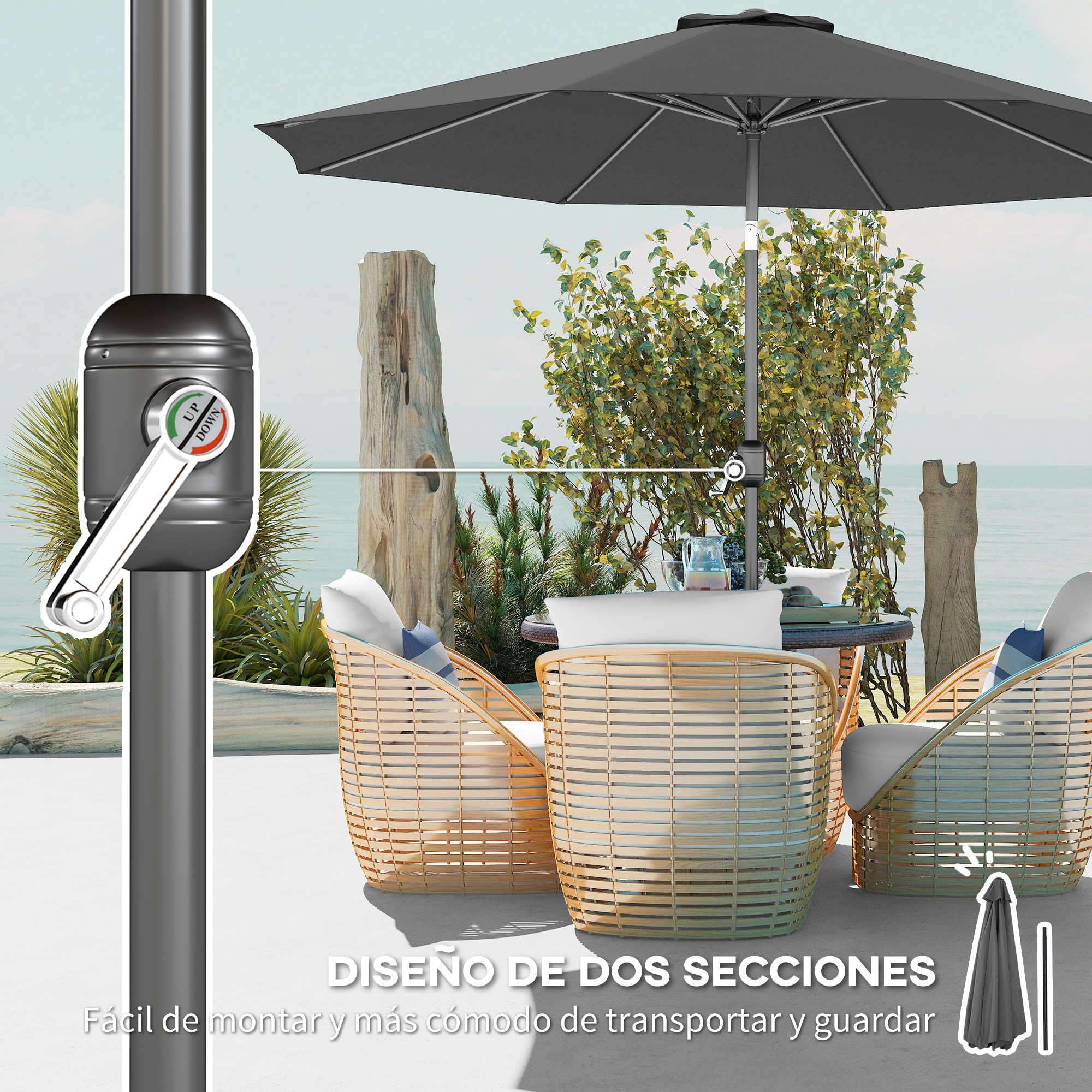 Un parasol de patio con mecanismo de manivela, junto al mar.