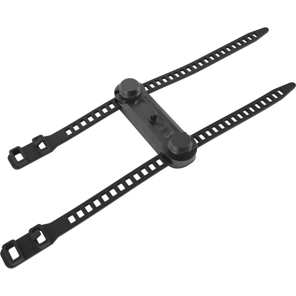 Czarny adapter koszyka na bidon rowerowy z regulowanymi paskami i czarnym środkiem.