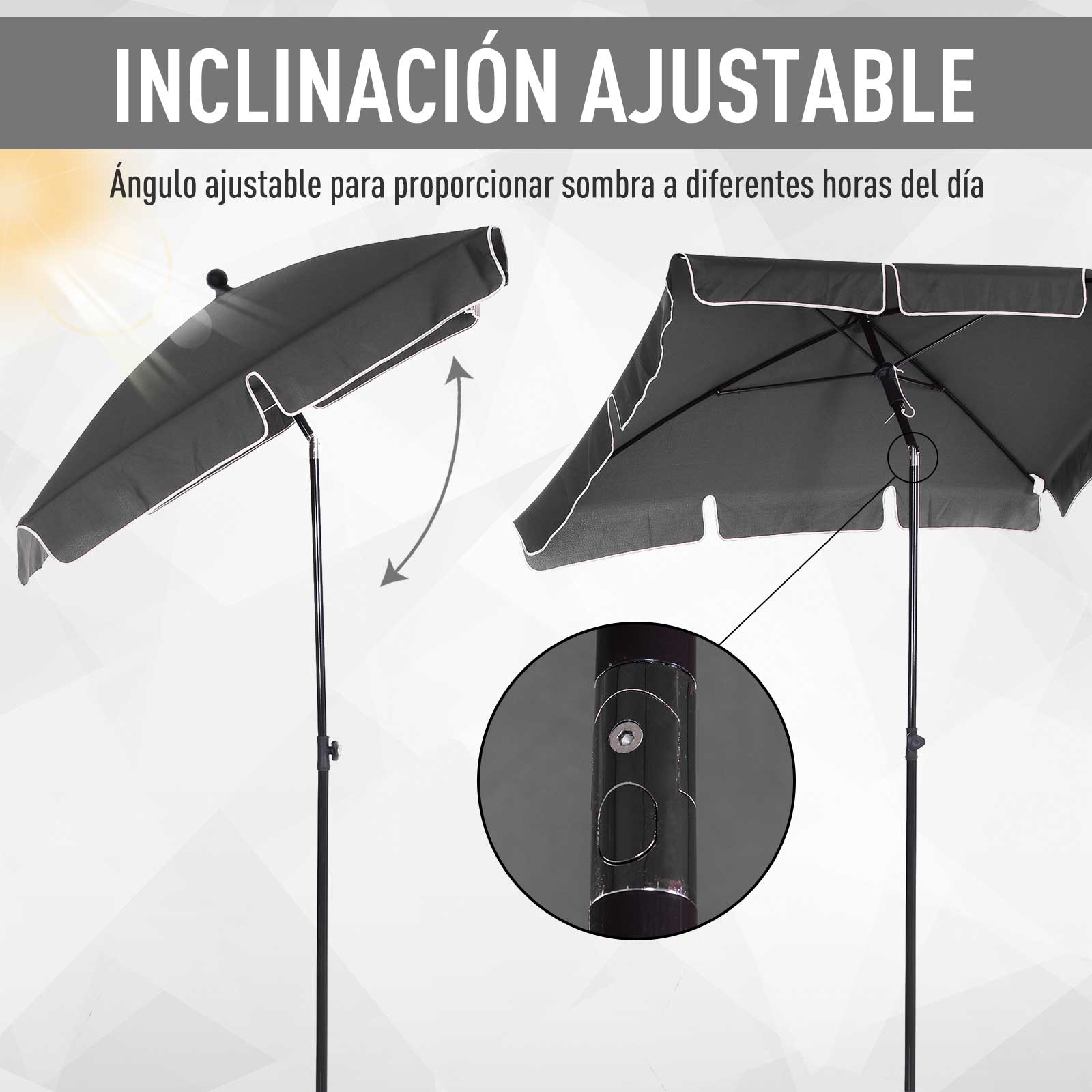 Un paraguas negro con inclinación ajustable, primer plano del mecanismo del poste.