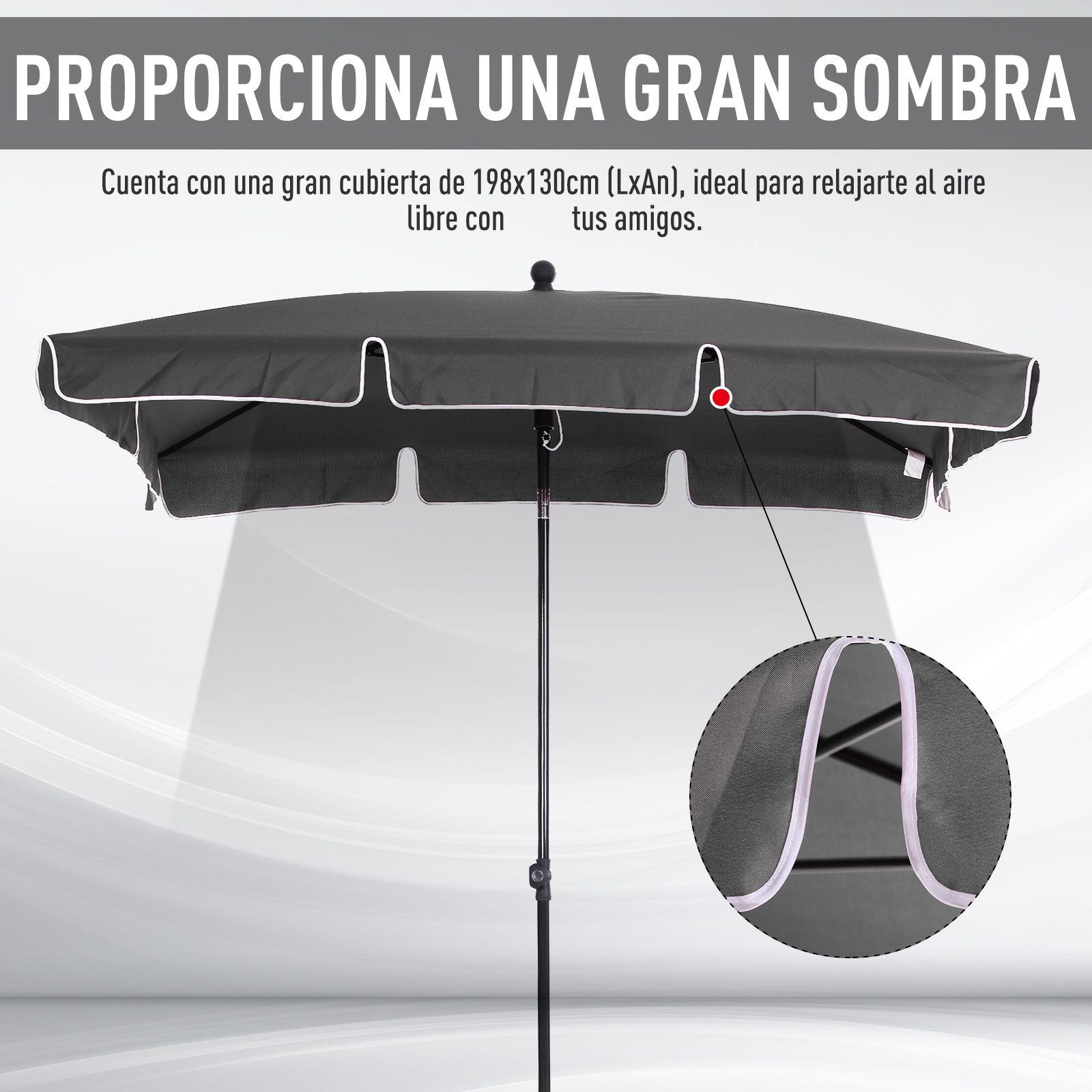 Un gran parasol oscuro con borde blanco y foto de detalle.