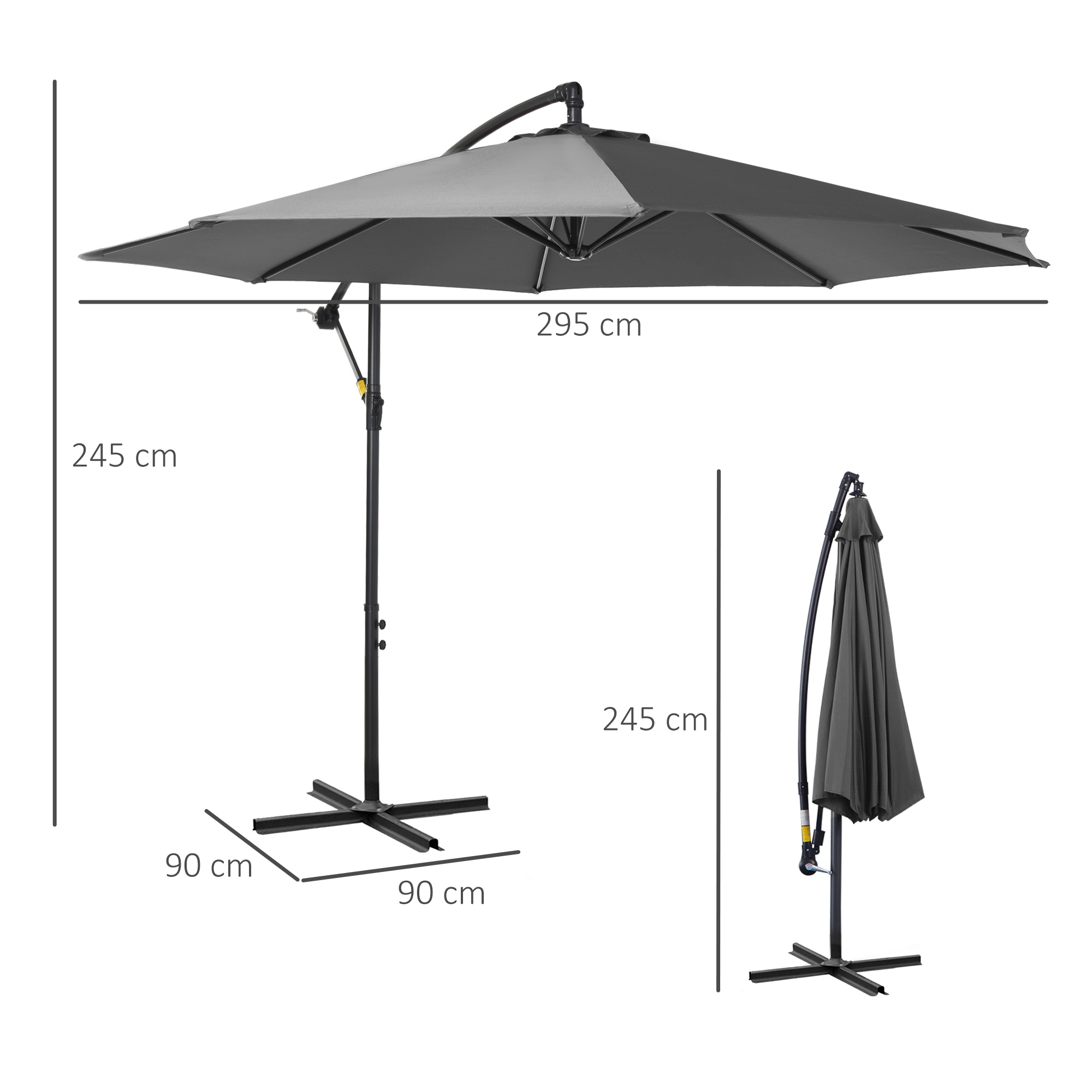 Un sombrilla de patio gris está abierto, con dimensiones de 295cm de ancho y 245cm alto.
