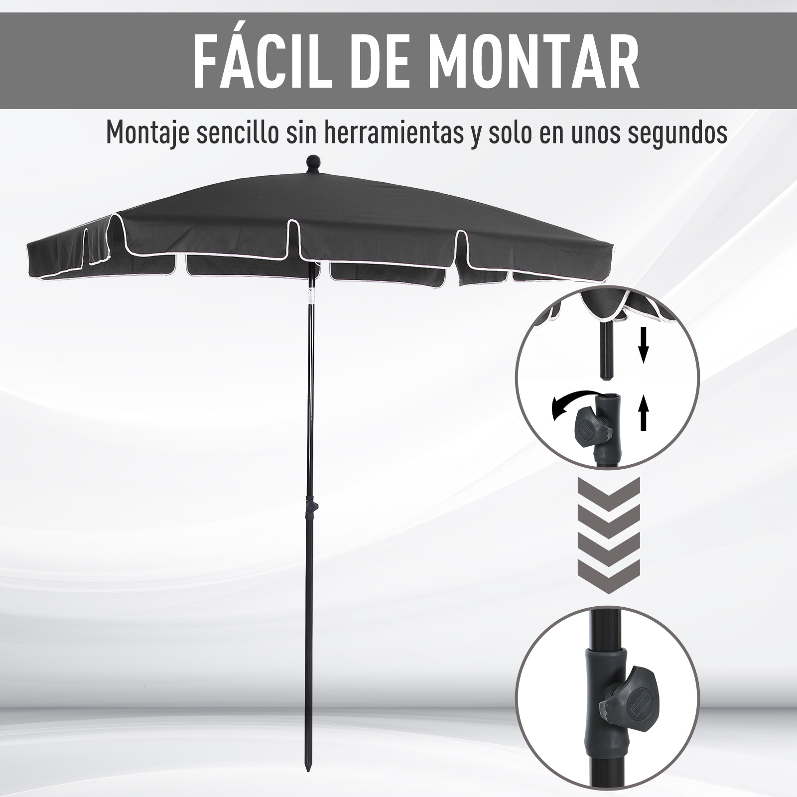 Un parasol negro con ribete blanco e instrucciones de montaje.