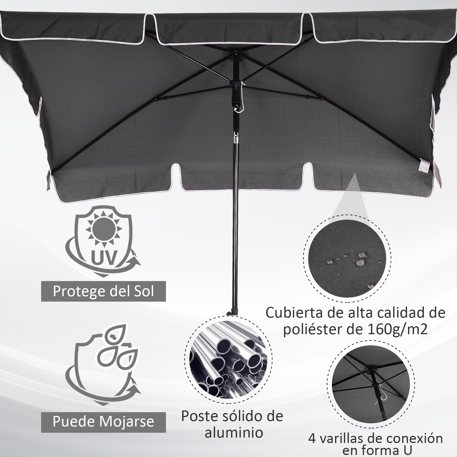 Un paraguas oscuro con ribete blanco, poste de aluminio y detalles.