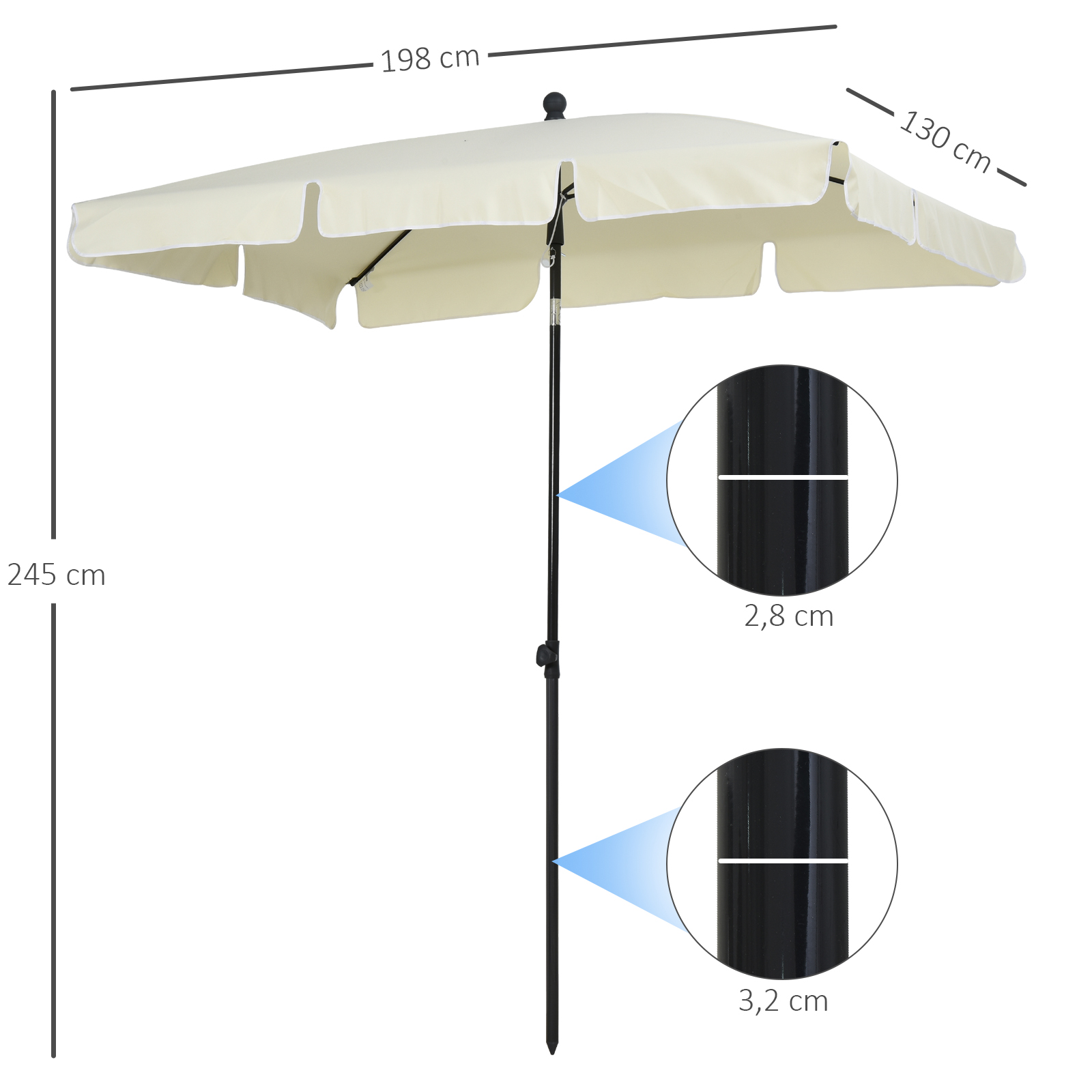 Sombrilla de patio color crema con poste negro, 245 cm de alto.